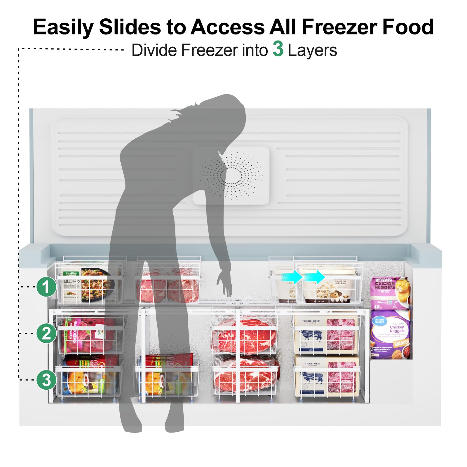 iSPECLE 25 Cu.Ft Large Chest Freezer with 7 Hanging Bins & 2-Tier Rack - Easy Slide Access for Home, Restaurant, or Commercial Use - Perfect for Bulk Food Storage, Meal Prep, and Business Needs