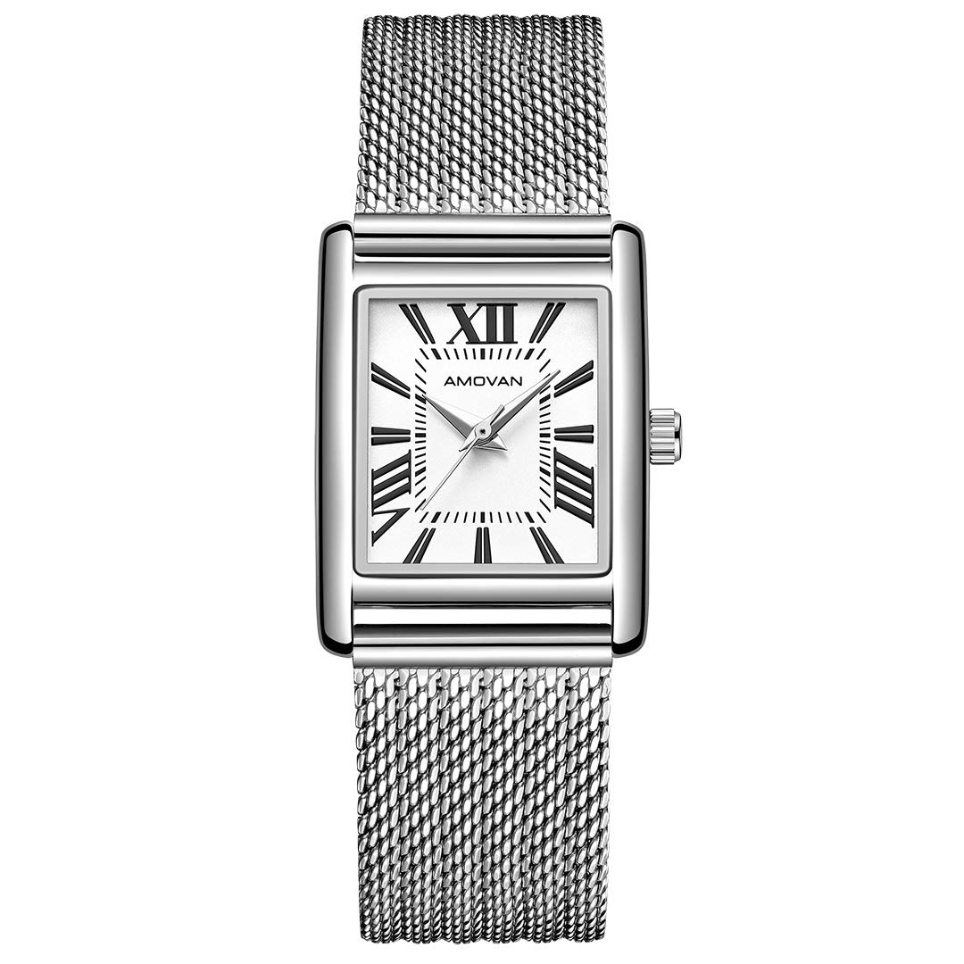 AMOVAN Women's Luxury Rectangle Watch - Stainless Steel Mesh Band, Quartz Movement, Waterproof - Elegant Fashion Timepiece for Office, Party & Everyday Wear
