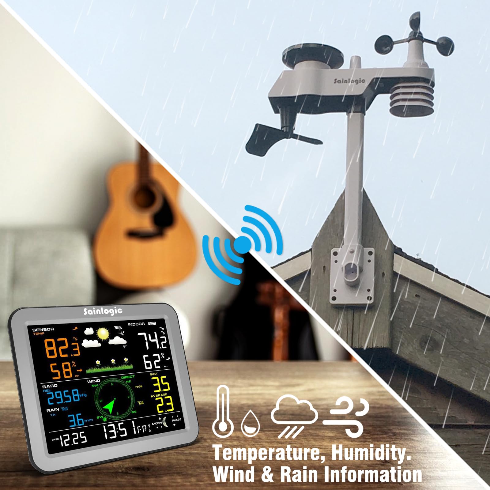 Sainlogic Wireless Weather Station with Outdoor Sensor - Accurate Weather Forecast, Temperature, Humidity, Air Pressure, Wind & Rain Gauge for Home, Garden & Outdoor Activities