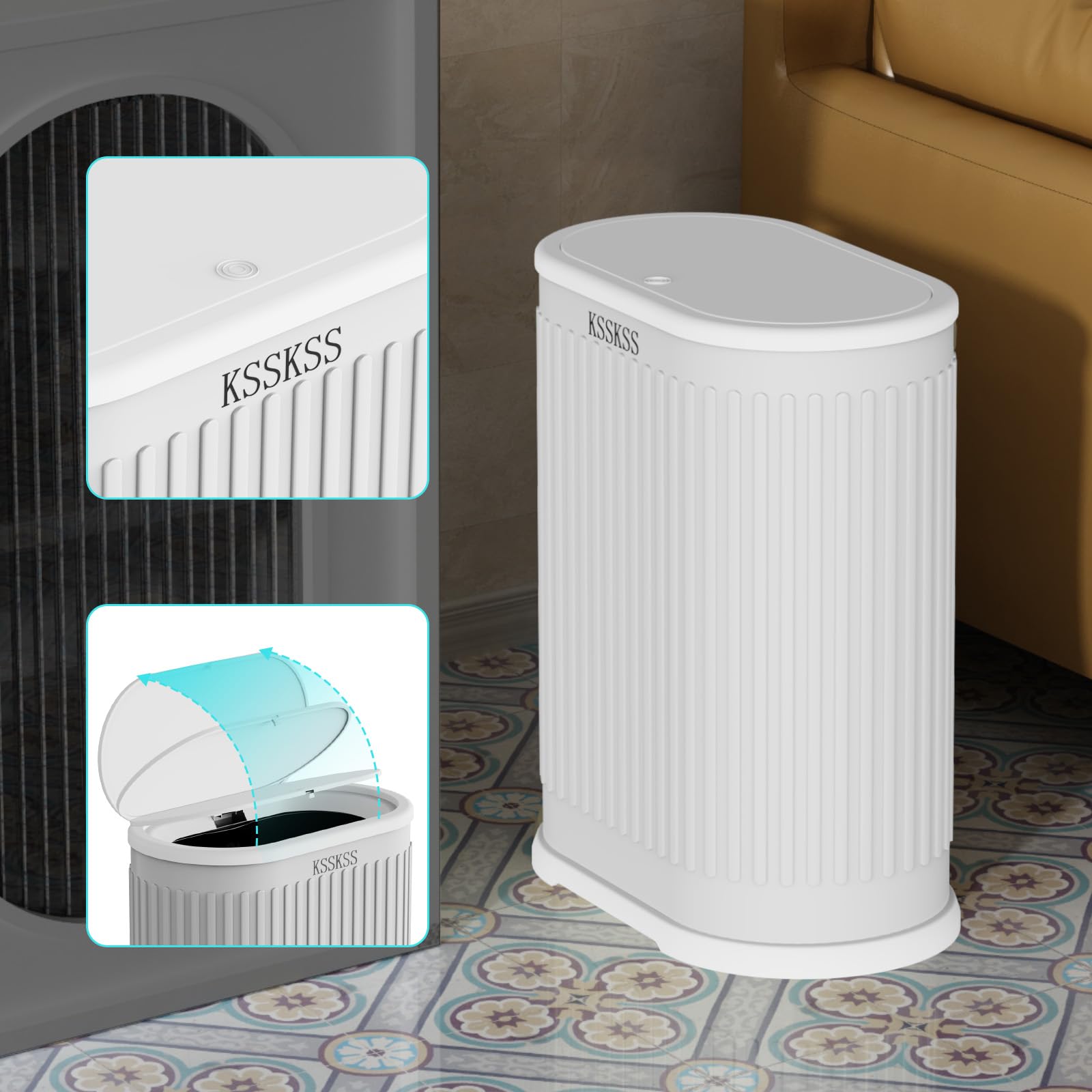1.8 Gallon Small White Bathroom Trash Can with Lid - Slim Space-Saving Garbage Bin with Removable Liner & Dog-Proof Pop-Up Lid - Perfect for Bathroom, Bedroom, Toilet & Pet-Friendly Homes