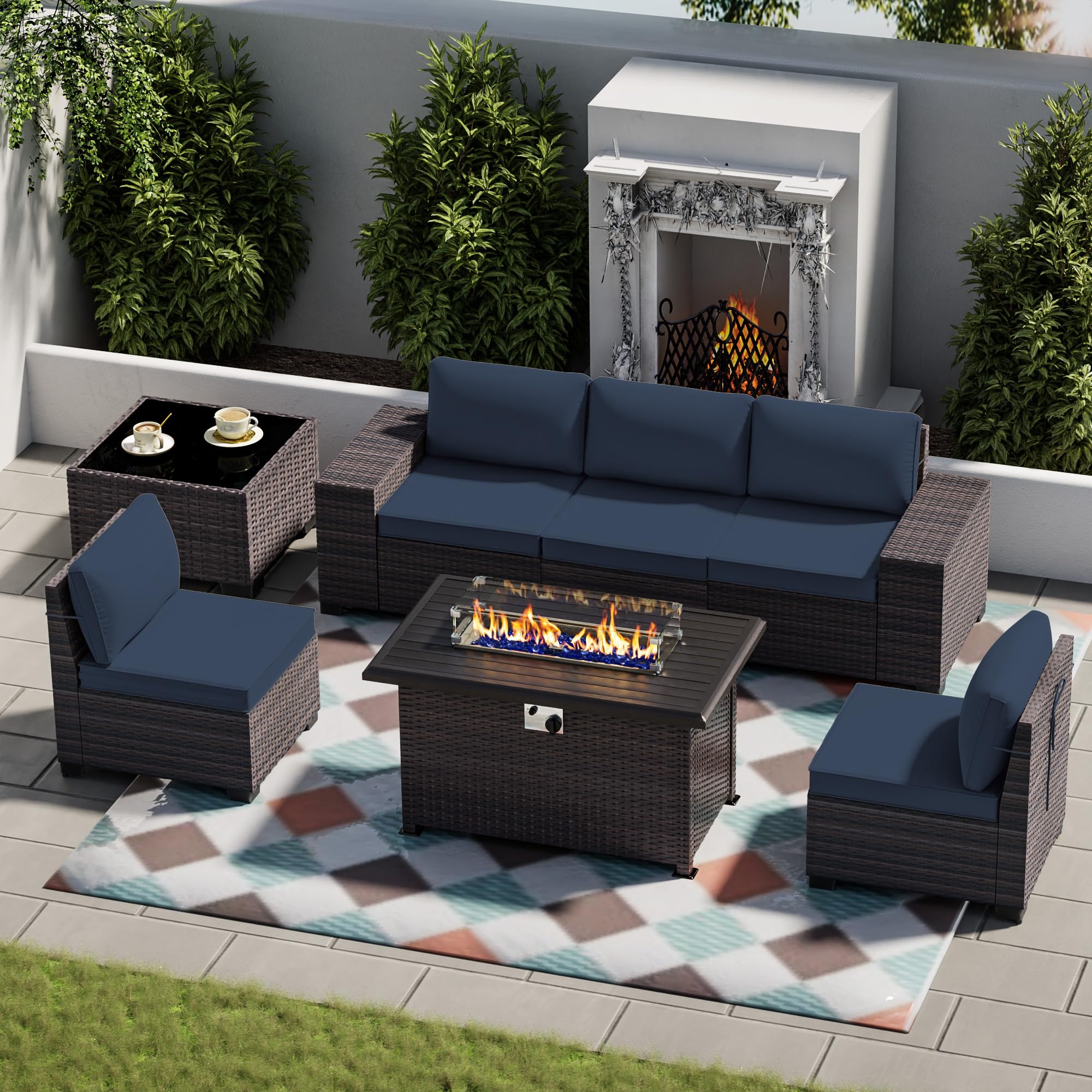 7-Piece Outdoor Patio Furniture Set with Propane Fire Pit - High Back PE Wicker Rattan Sofa Conversation Set - Sectional Patio Furniture with Tempered Glass Table & Gas Fire Pit (Navy Blue) - Perfect for Backyard, Garden, Poolside & Outdoor Entertaining