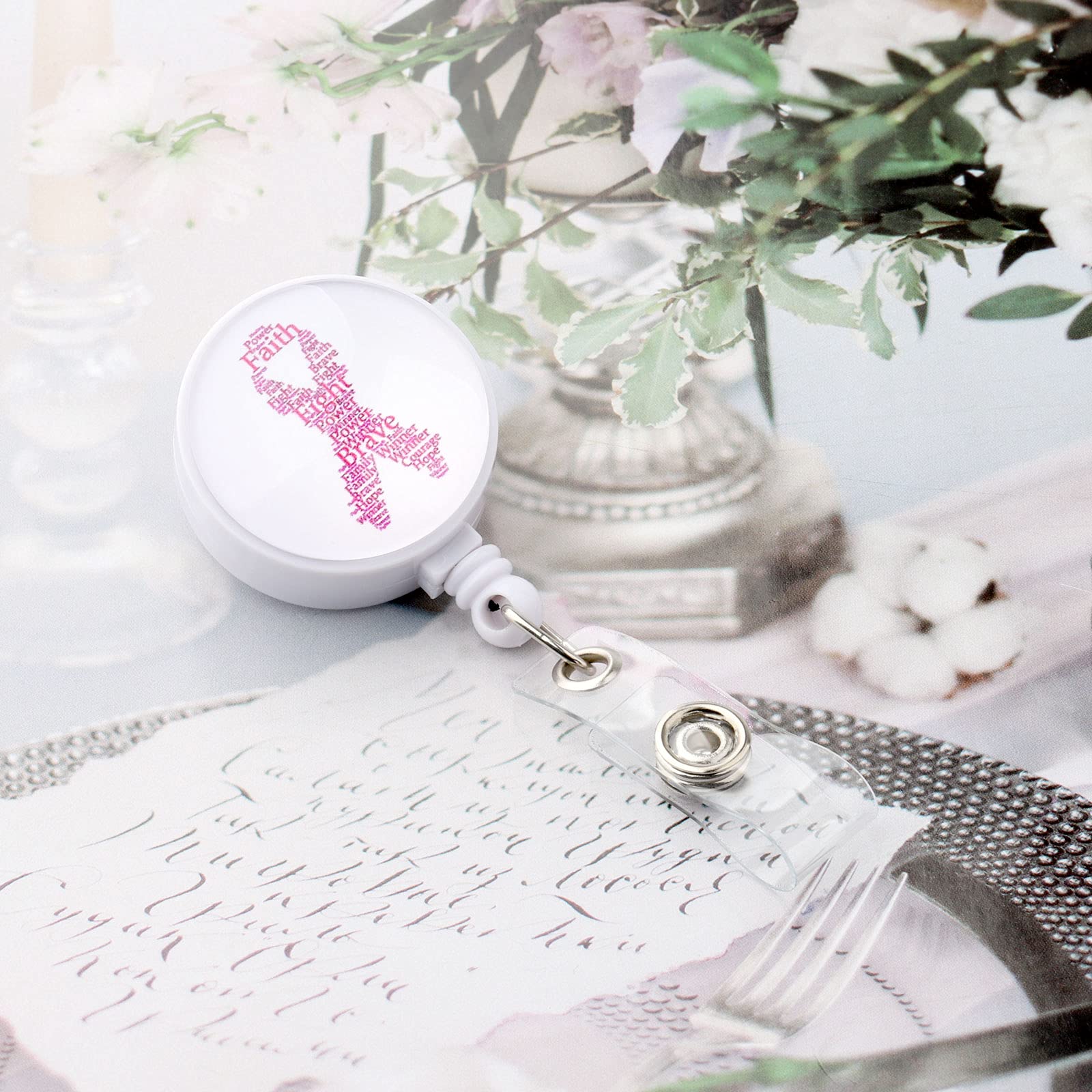 Pink Ribbon Lanyard Keychain - Breast Cancer Awareness Gift for ID Badge & Keys