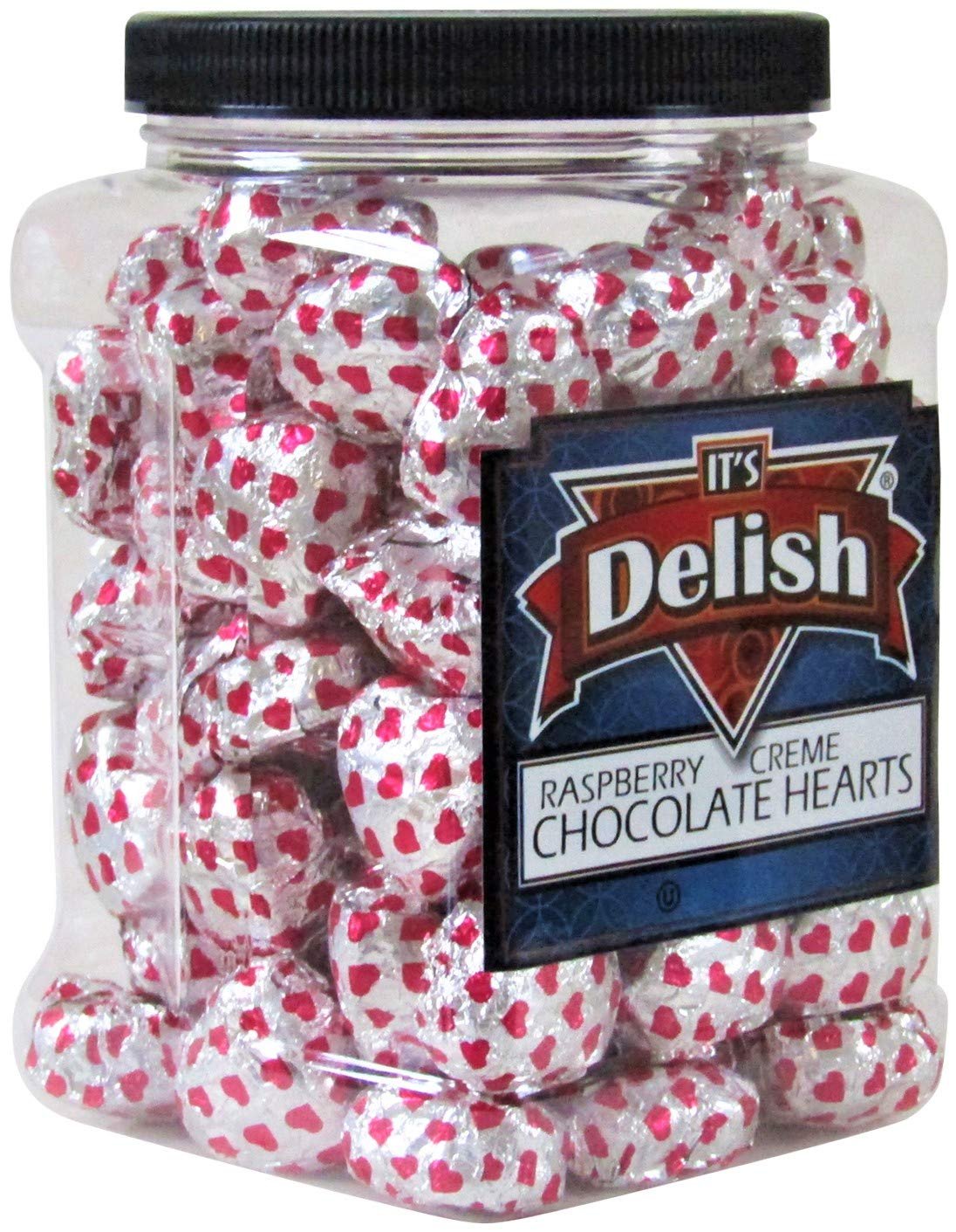 Premium Raspberry Crème Chocolate Hearts in Silver & Red Foil - 2.5 LBS Jumbo Jar - Perfect for Valentine's Day Gifts, Wedding Favors & Holiday Treats