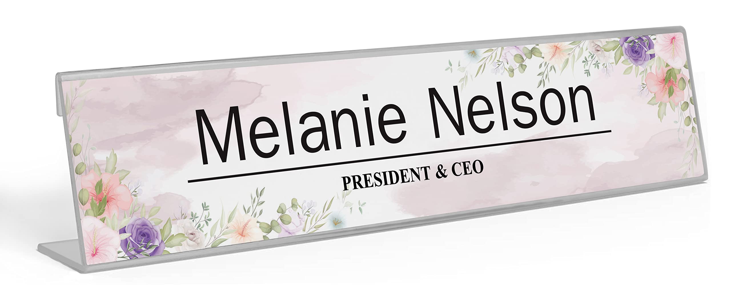 Personalized Desk Name Plate - Custom Acrylic Office Name Tag with Watercolor Flower Design (2x8 Inches) - Perfect for Office Decor, Gift for Coworkers & Professional Workspace Accessory
