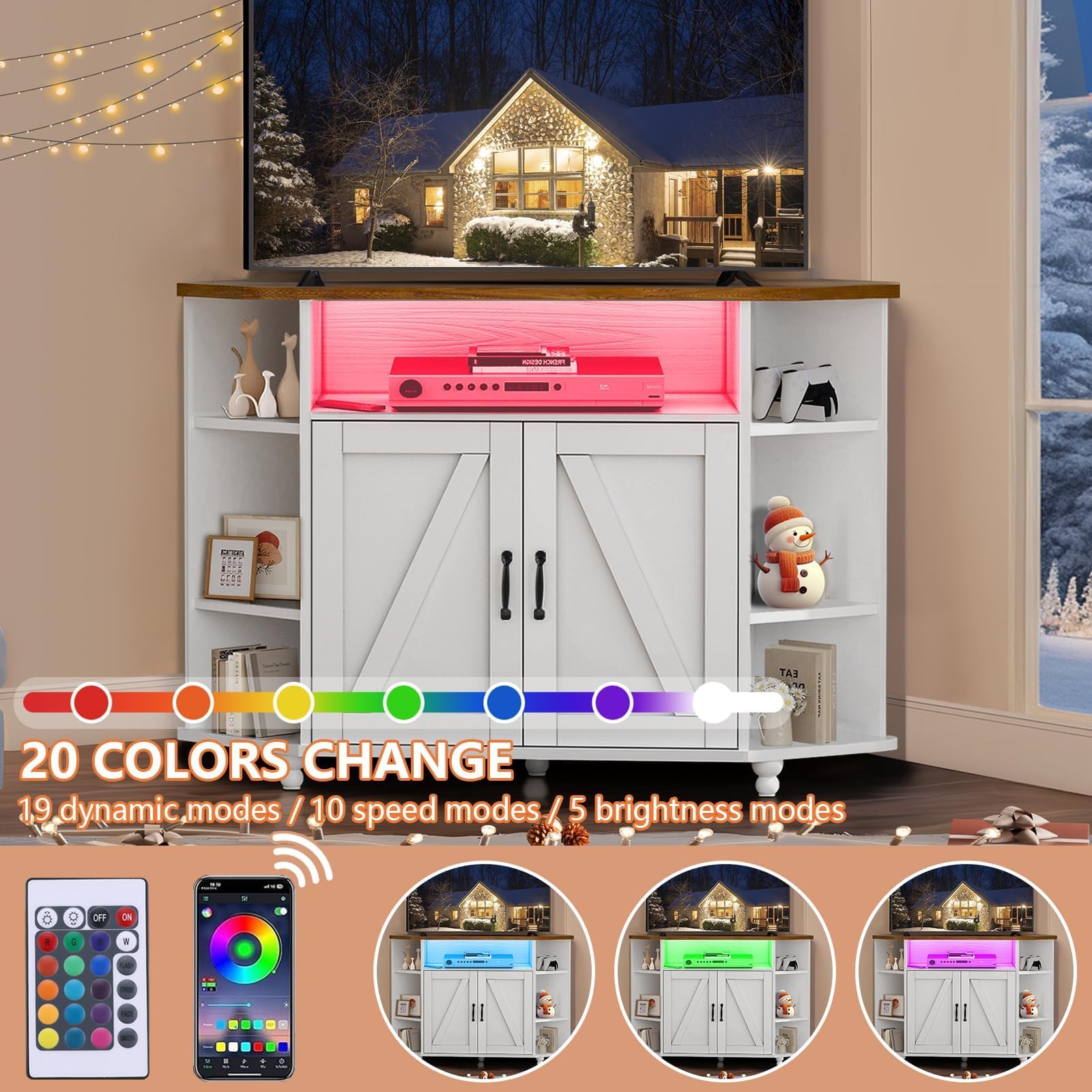 4 EVER WINNER 55 Inch Corner TV Stand with LED Lights, Adjustable Shelves & Barn Doors - Farmhouse Style Entertainment Center for Living Room, Bedroom - Perfect for Small Spaces & Home Theater Setup