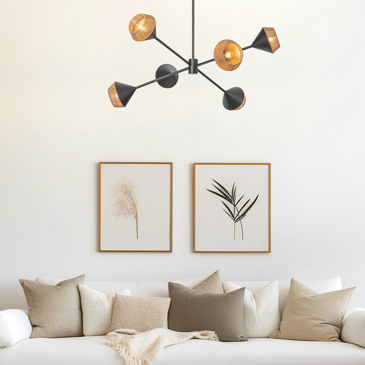 Alora Mood Daphne 5-Light Chandelier in Matte Black & Natural Finish - E14 Bulb Base | Perfect for Dining Room, Bedroom, or Entryway Lighting