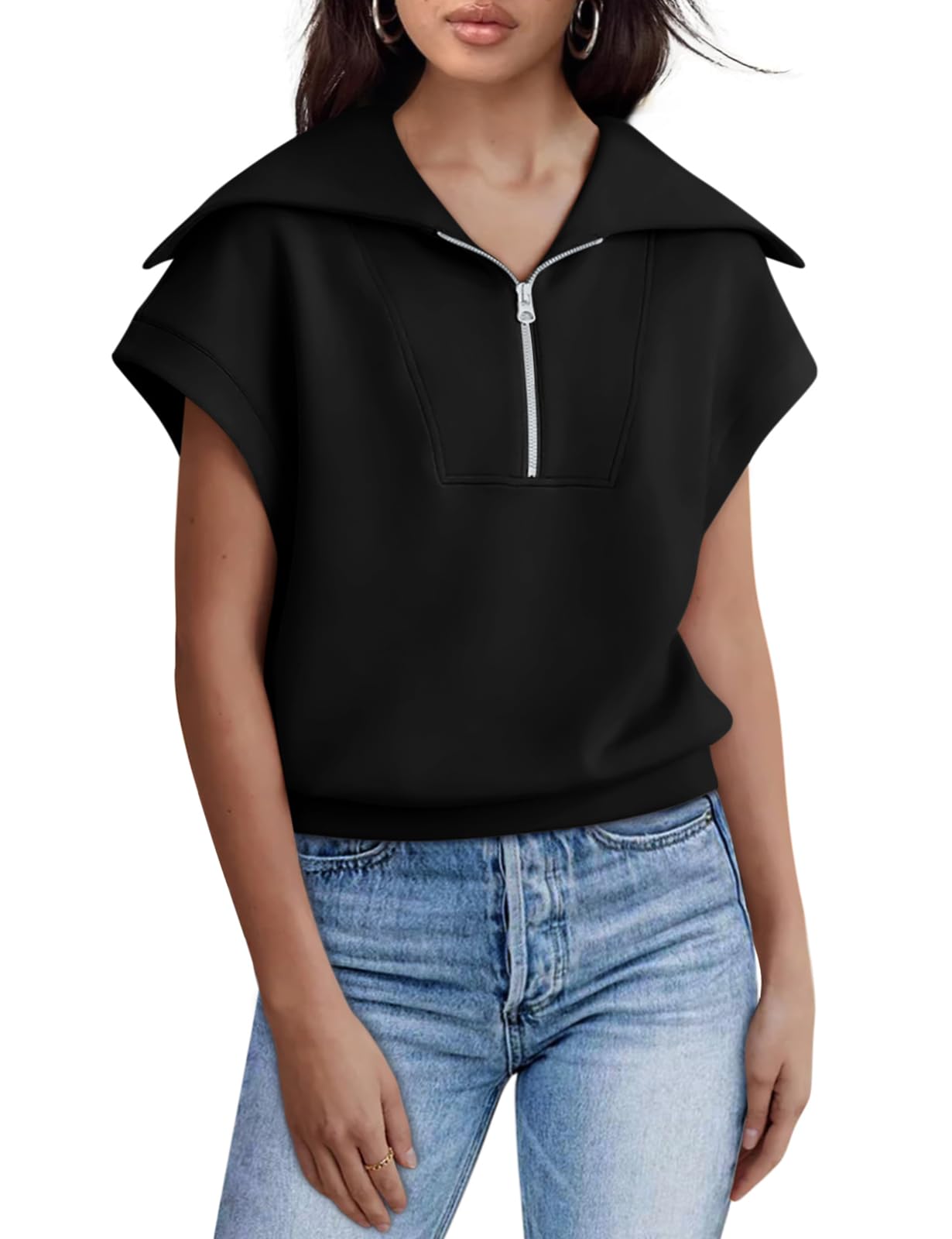 Zwurew Women's Cap Sleeve T-Shirts - Basic Loose Fit Short Sleeve Blouses for Casual & Dressy Occasions | Black Cotton Top for Work, Date Night & Everyday Wear