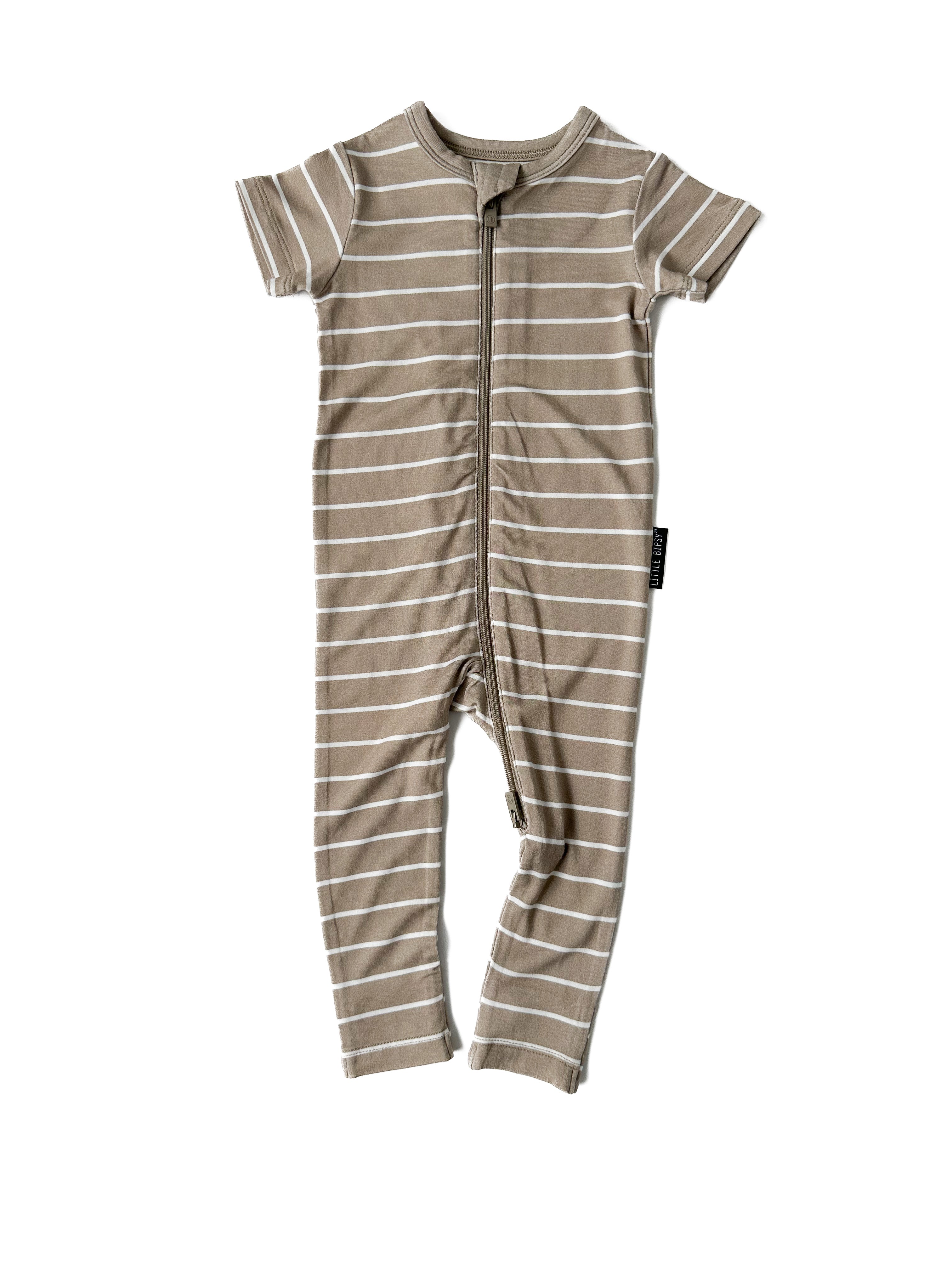 LB x Baby Breez Short Sleeve Pinstripe Romper Pajamas - Soft Cotton Sleepwear for Babies & Toddlers (Khaki Green/White) - Perfect for Nursery, Bedtime & Playtime