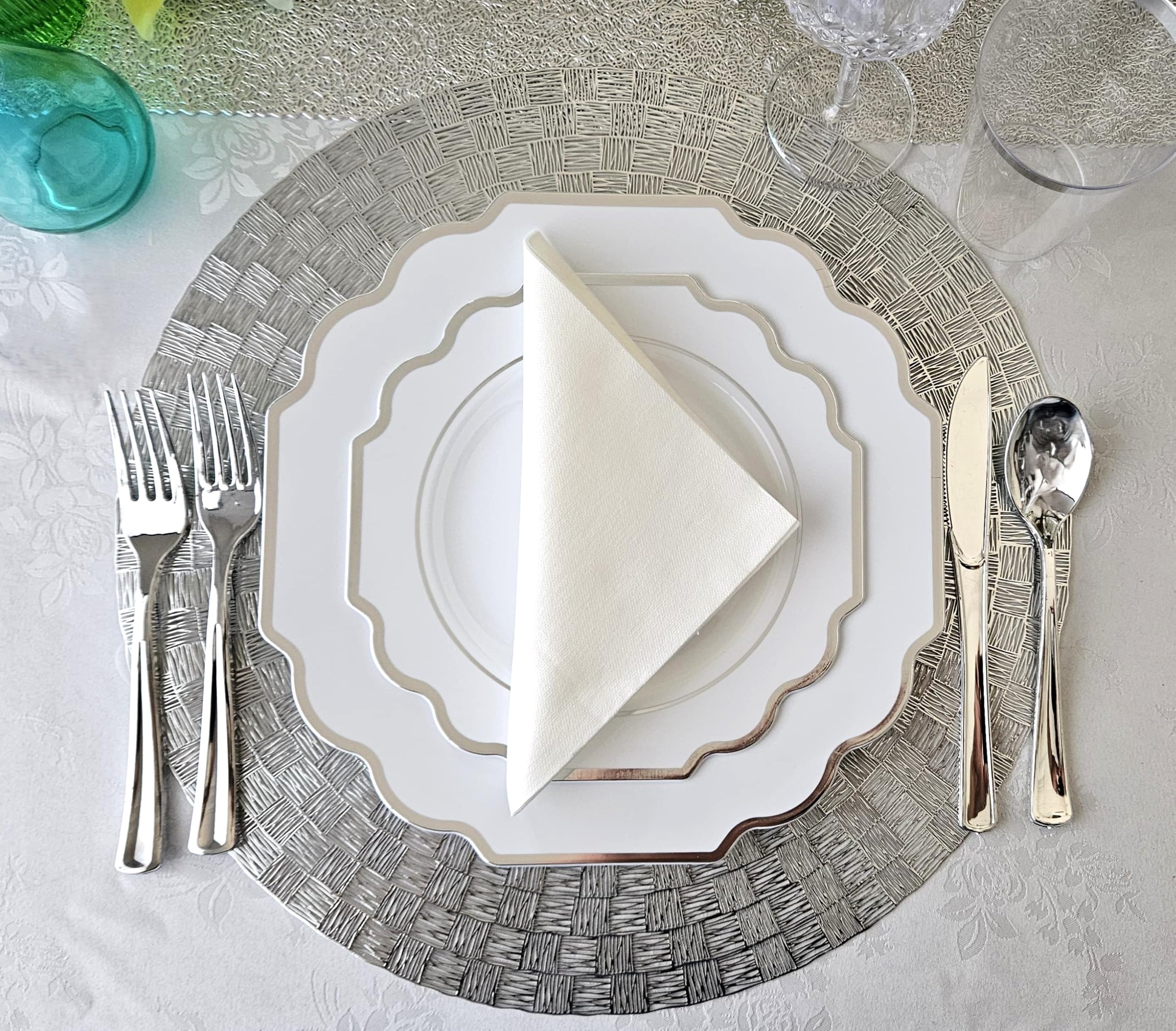 960-Piece Heavyweight Disposable Plastic Plate Set for Weddings & Parties - Includes 120 x 10.5'' Plates, 120 x 8'' Plates, Silverware, Cups & Napkins (White with Silver Rim) - Perfect for Large Gatherings, Catering Events & Special Occasions
