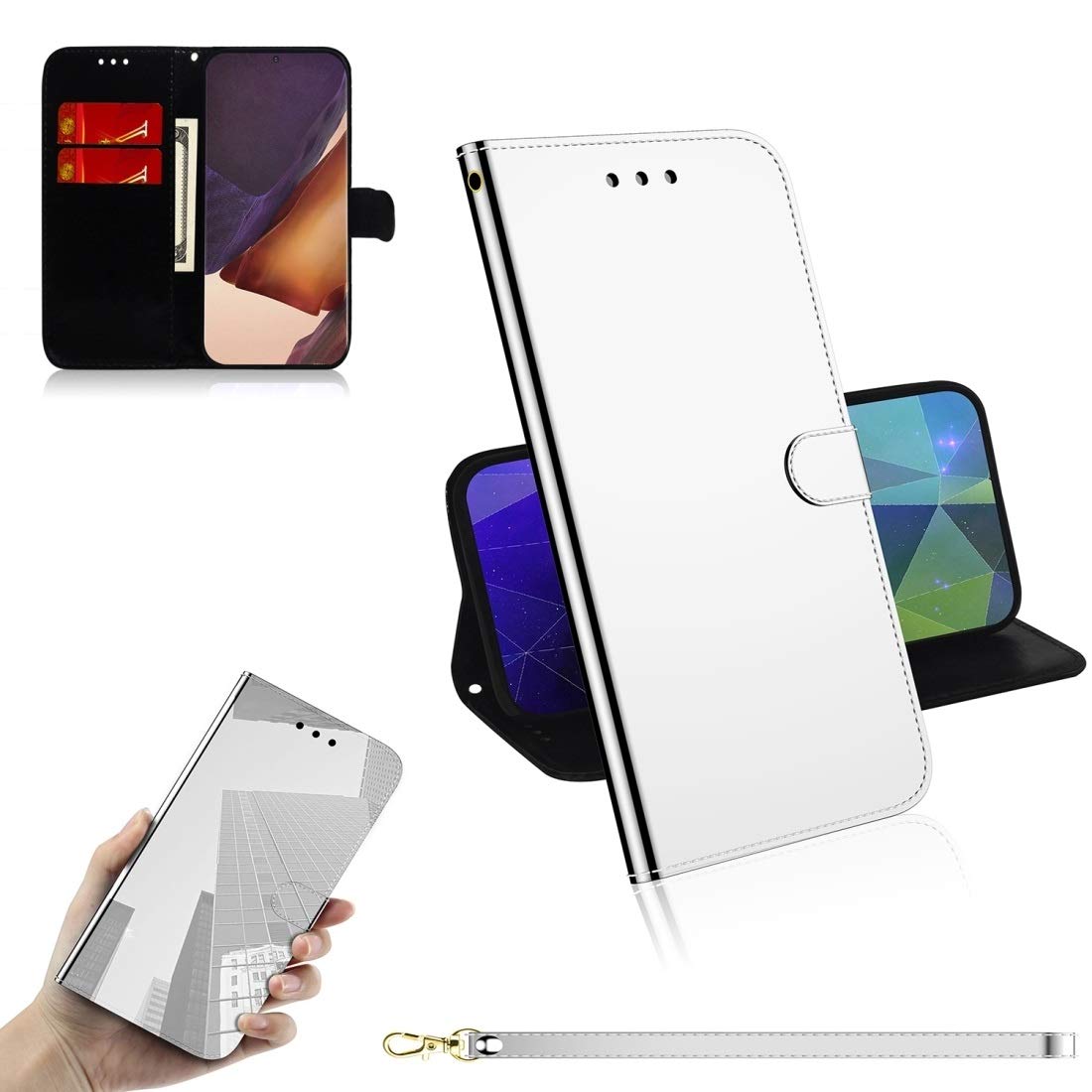 BOYUHII Samsung Galaxy Note20 Ultra Phone Case - Premium Imitated Mirror Surface Flip Leather Cover with Card Holder, Wallet & Lanyard - Horizontal Stand Feature - Perfect for Business & Travel (Black)