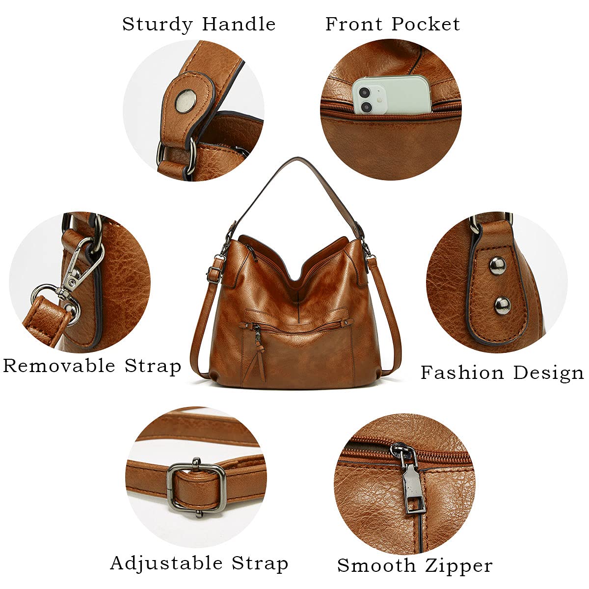 Gladdon Women's Leather Hobo Bag Large Capacity Tote Shoulder Crossbody Purse Set (2PCS) - Perfect for Work, Travel & Everyday Use