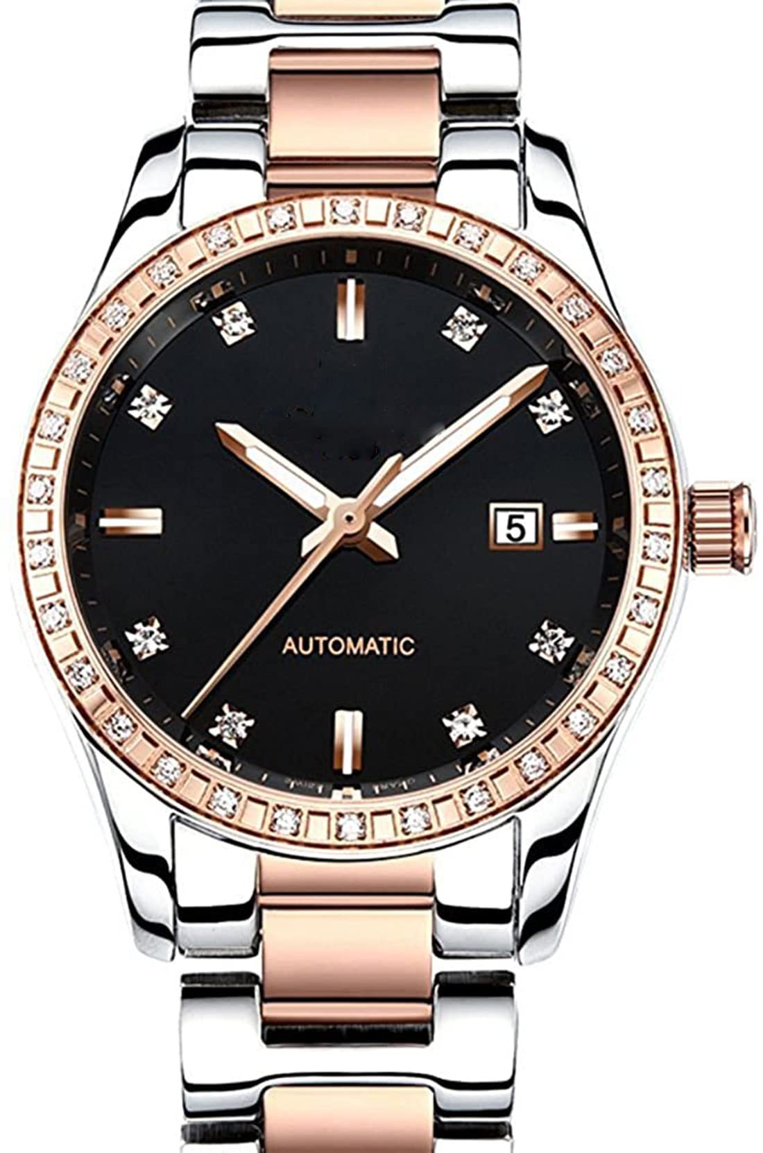 Automatic Self-Winding Couple Watches Set - Luxury Stainless Steel His & Hers Matching Watches with Calendar Date Display - Perfect Anniversary, Wedding, and Valentine's Day Gifts for Couples