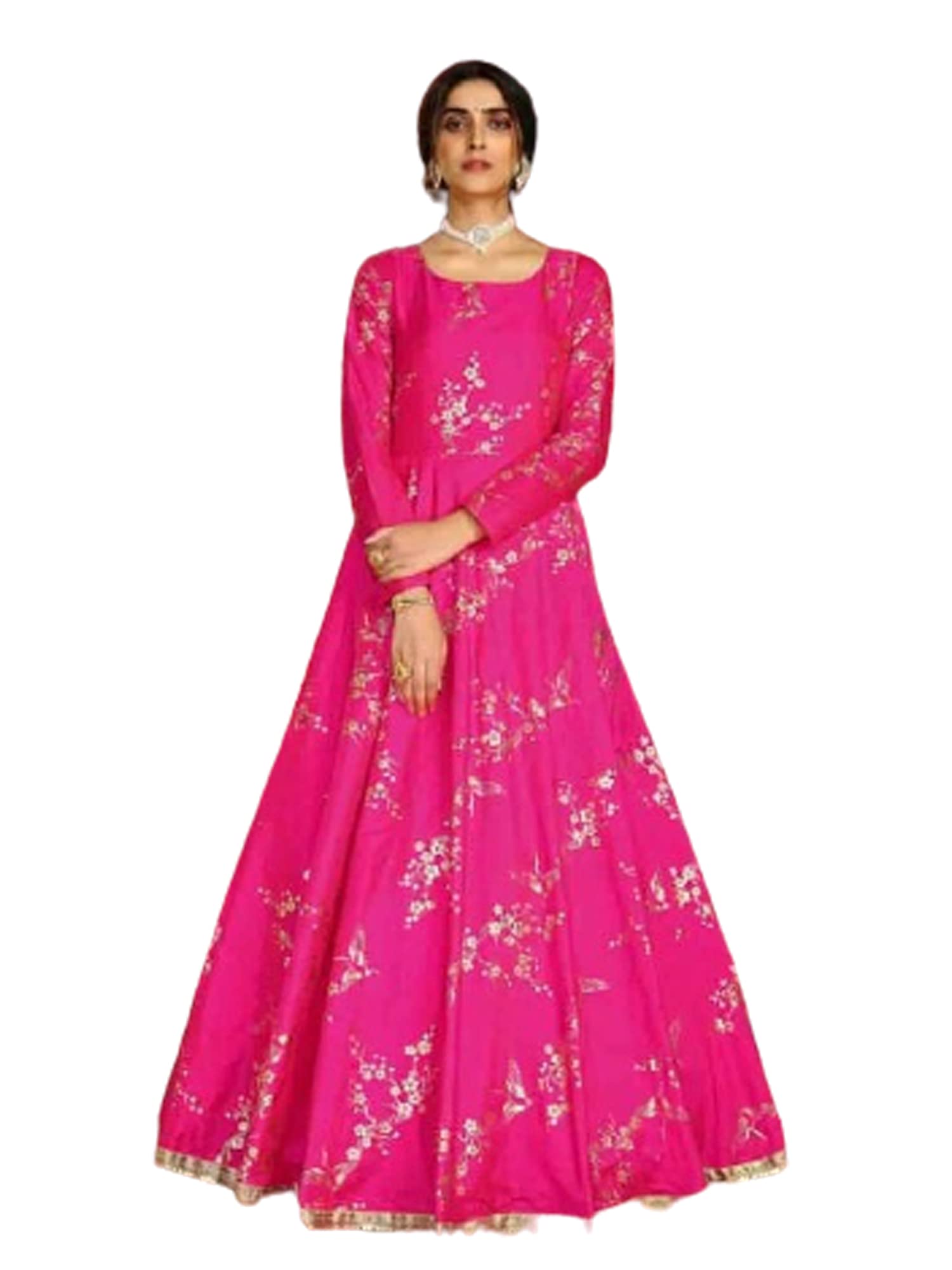 Hot Pink Bollywood Designer Indian Women's Party Wear Taffeta Silk Long Anarkali Gown Cocktail Dress 6791 - Perfect for Weddings, Festivals & Special Occasions