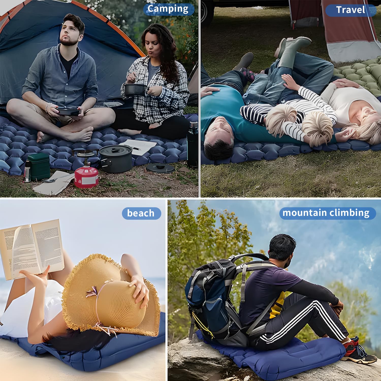 Ultra-Light Inflatable Camping Sleeping Pad with Built-in Foot Pump & Pillow - Perfect for Backpacking, Hiking, Travel - Navy Blue - Ideal for Outdoor Adventures, Camping Trips & Backpacking Sleep Comfort