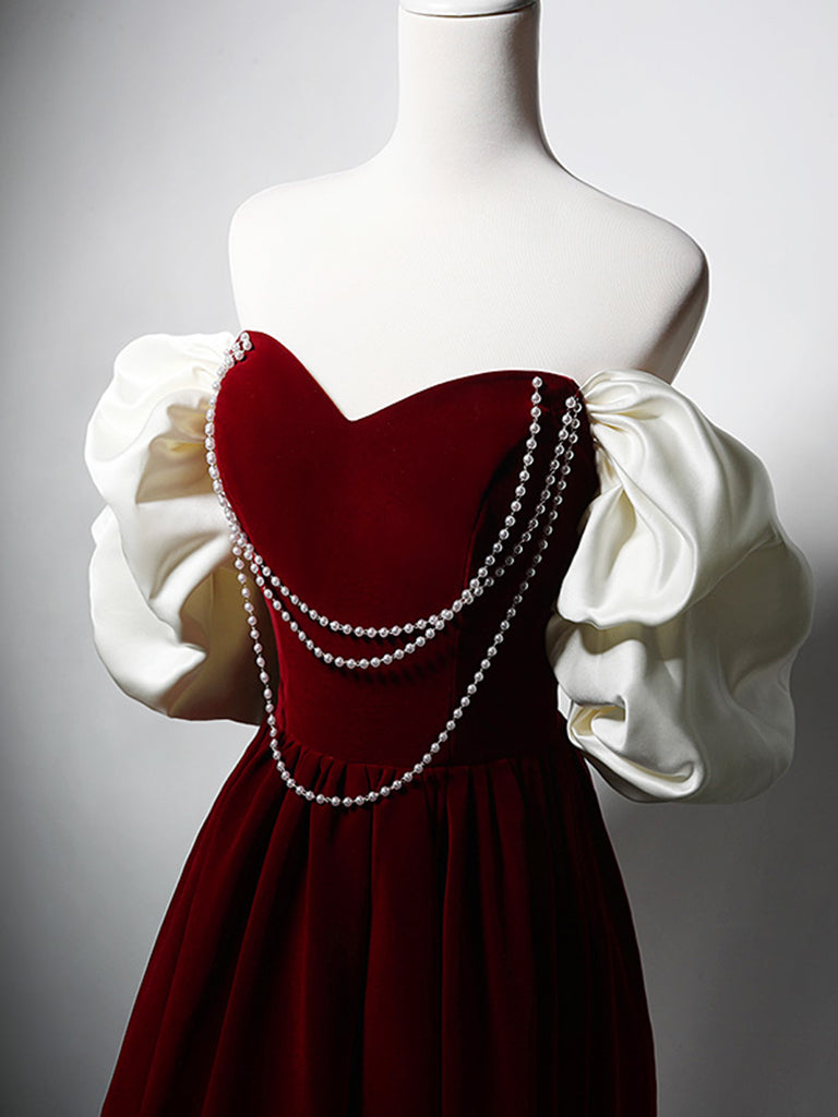 Burgundy A-Line Off Shoulder Velvet Lace Long Prom Dress - Elegant Formal Evening Gown for Homecoming, Wedding & Special Occasions