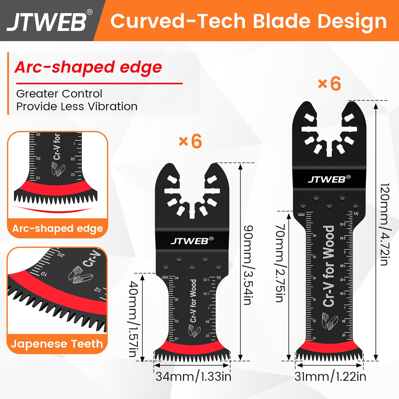JTWEB 12PCS Japanese Tooth Oscillating Saw Blades Kit - Standard & Extra-Long Arc-Shaped Blades for Wood, Plastic Cutting - Compatible with Power Oscillating Multi-Tools - Perfect for DIY Projects, Home Renovation & Woodworking