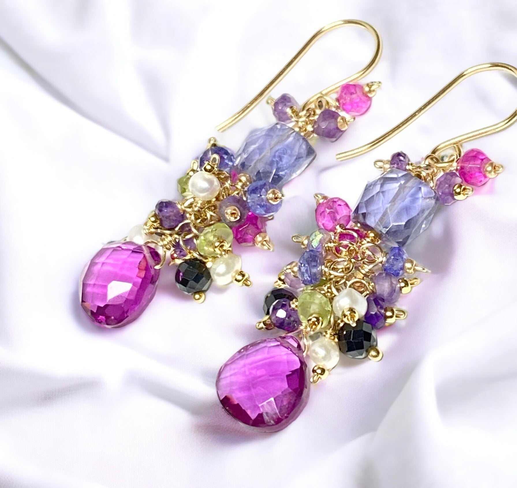 Blue Purple Violet Gemstone Dangle Earrings - Iolite & Amethyst Gold Filled Jewelry for Women | Elegant Party, Wedding & Evening Wear Accessories