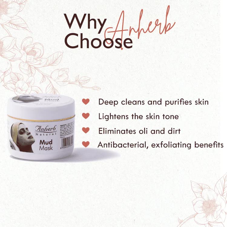 Anherb Natural Kaolin Clay Face Mask for Oily Skin - Detoxifying & Purifying Mud Mask with D-Tan Properties for Glowing Skin | Women's Facial Clay Powder Mask to Remove Dirt & Oil | 60g (Pack of 1) | Perfect for Deep Cleansing & Skin Brightening at Home Spa Days
