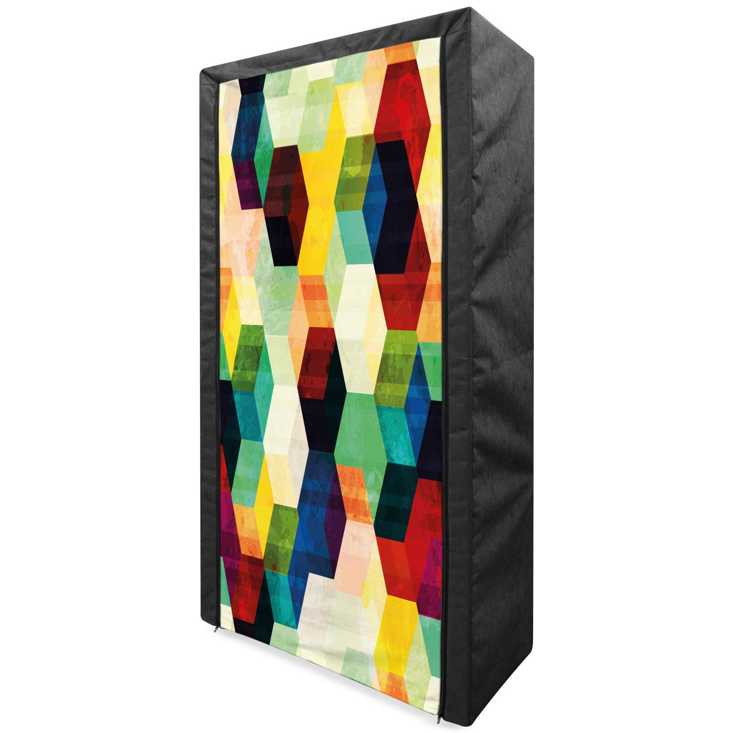 Vintage Portable Fabric Wardrobe with Rhombus & Hexagonal Geometric Mosaic Pattern - Multicolor Clothing Organizer & Storage Closet with Shelves (33.5 Inch) - Perfect for Bedroom, Dorm, Apartment or Travel Use