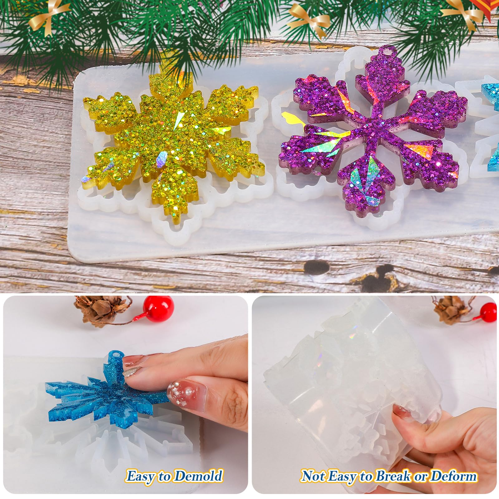Holographic Christmas Silicone Resin Molds - Set of 6 Snowflake Shapes for DIY Ornaments & Epoxy Casting | Perfect for Holiday Crafts, Gift Making & Festive Home Decor
