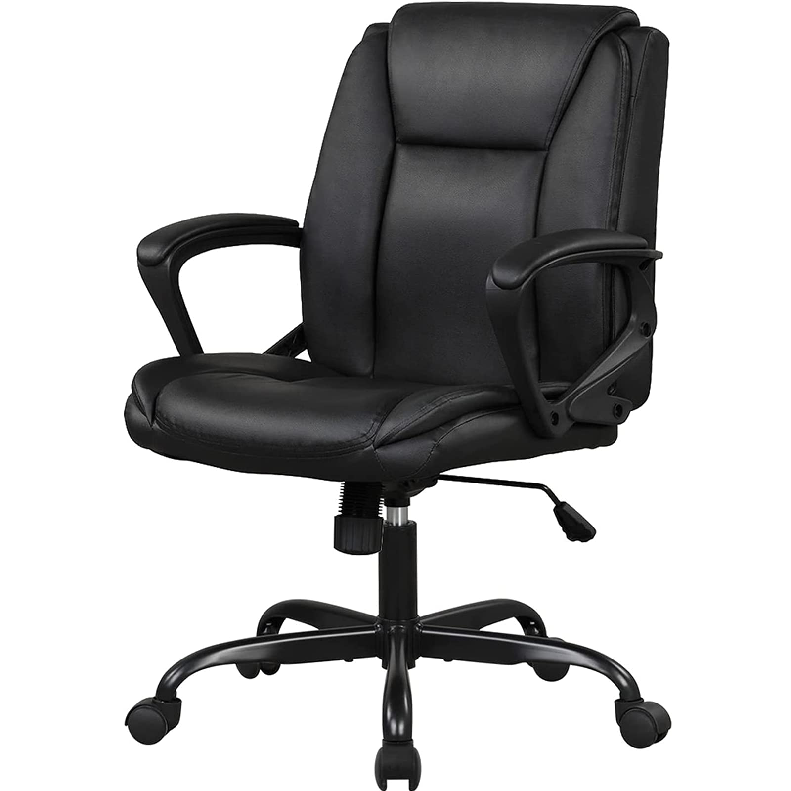 Ergonomic Home Office Chair - Adjustable Height PU Leather Desk Chair with Lumbar Support & Armrests - Mid Back Executive Swivel Rolling Task Chair for Computer Work (Black) - Perfect for Long Work Hours, Gaming, and Remote Work Setup