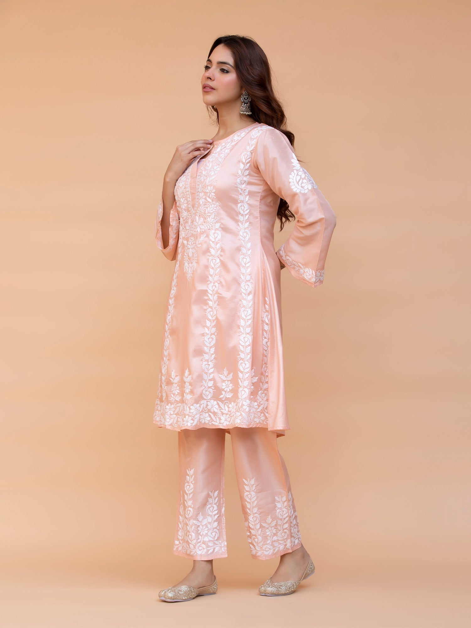 Elegant Saba Chikankari Kurta Set in Premium Habutai Silk - Peach Color | Perfect for Festivals, Weddings & Special Occasions