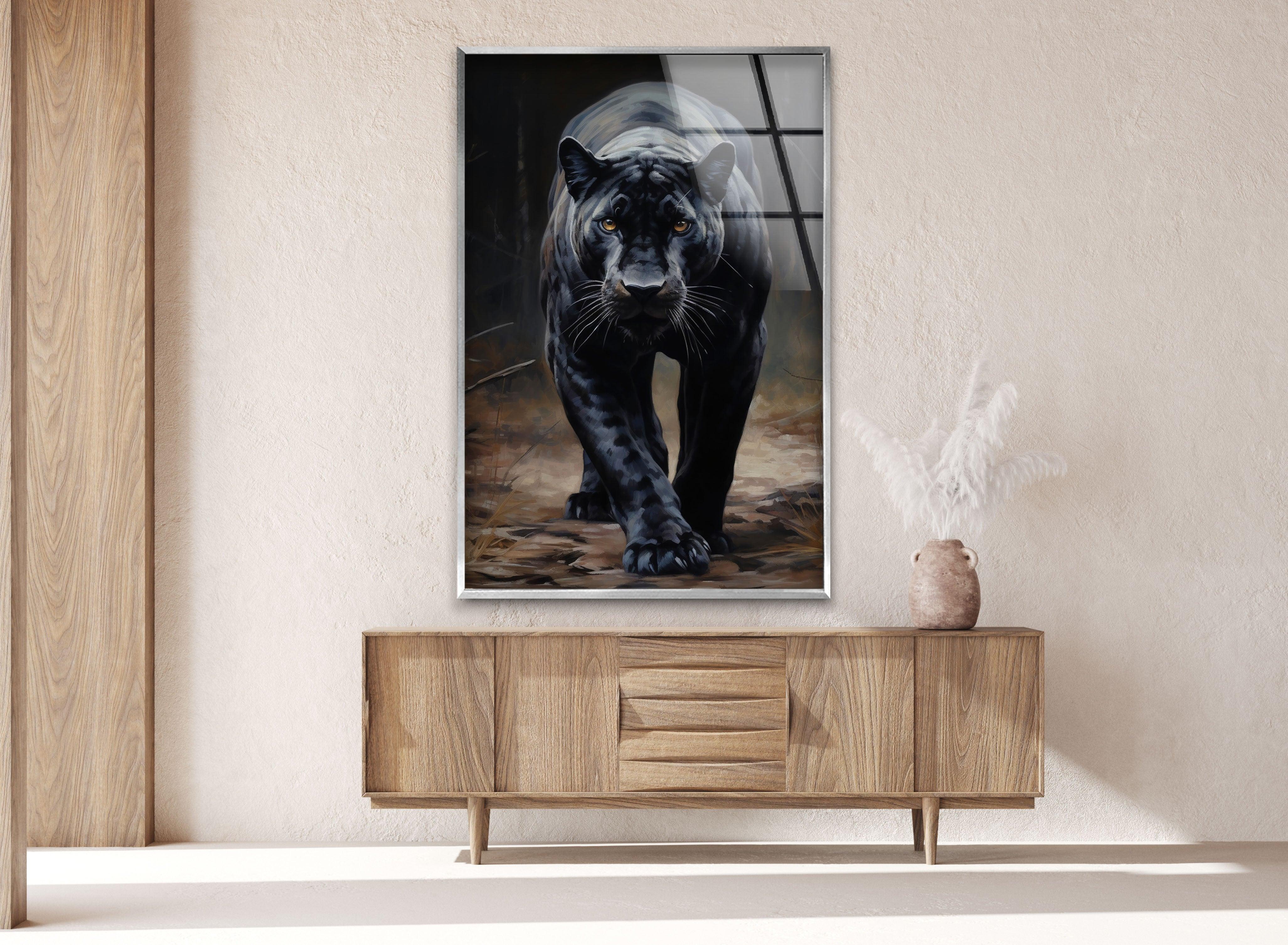 Stylish Black Puma Glass Wall Art Decor - Modern Animal Themed Home & Office Decoration - Perfect for Living Room, Bedroom, or Office Spaces
