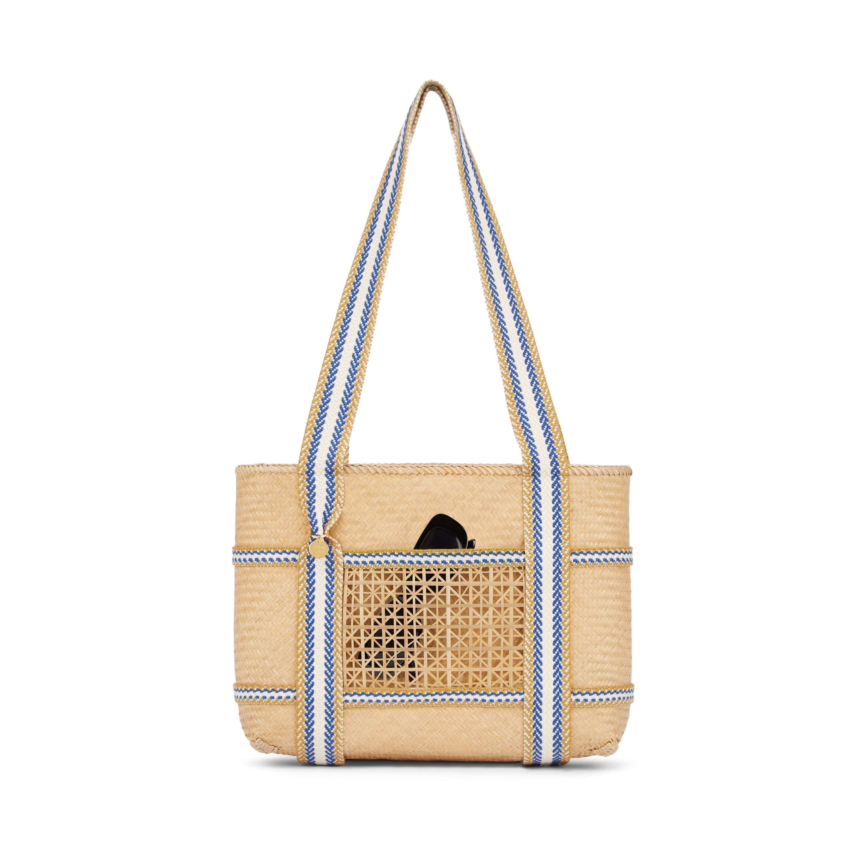 Malaka Handwoven Bamboo Vegan Small Tote Bag | Eco-Friendly Natural & Blue Stripe | Perfect for Grocery Shopping, Beach Trips & Daily Use