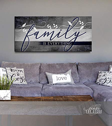 Family Is Everything Sign - Framed Wall Art Decor for Farmhouse, Living Room & Housewarming Gifts - Large Canvas Painting (Blue, 42x19) - Perfect for Home, Office & Wedding Decorations