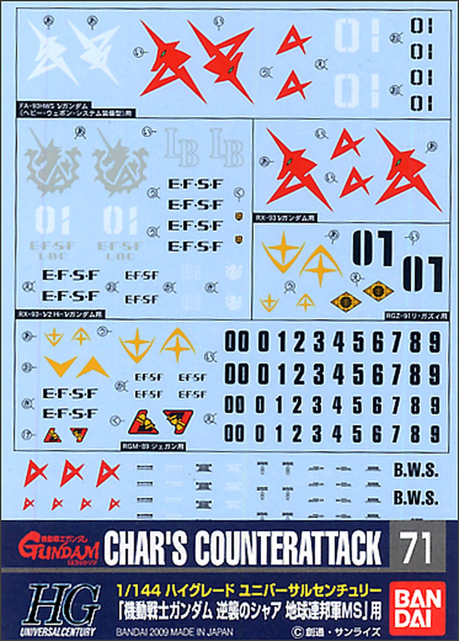 Bandai 1/144 HG Gundam Water Slide Decals #71 - EFSF Earth Federation MS Decal Set for Char's Counterattack Series | Perfect for Model Kits, Customization & Gundam Collectors