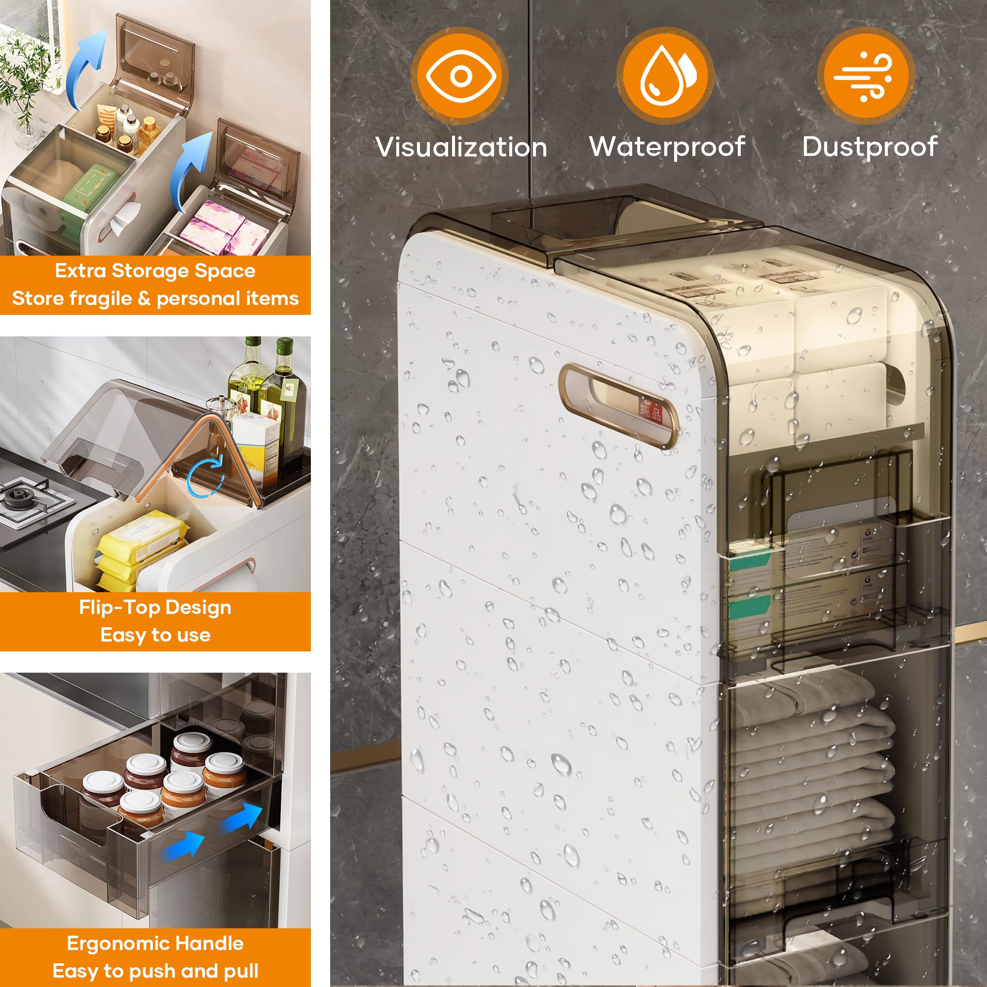 4-Tier Slim Bathroom Storage Cabinet with Drawers & Toilet Paper Holder - Space-Saving Narrow Organizer for Small Bathrooms, Kitchen, Laundry Room - Durable Plastic Floor Cabinet for Toiletries, Towels & Cleaning Supplies (Perfect for Apartments & Compact Spaces)