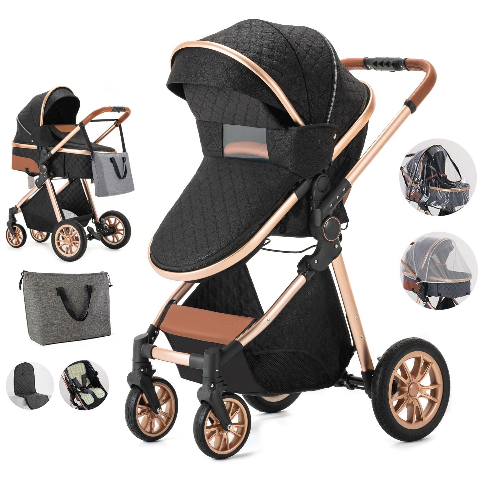 2 in 1 Compact Baby Stroller with Reversible Newborn Bassinet | One-Button Fold Lightweight Aluminum Frame Toddler Stroller | 3-Position Recline Adjustable Infant Pushchair | Perfect for Travel, Shopping & Daily Walks (Black)