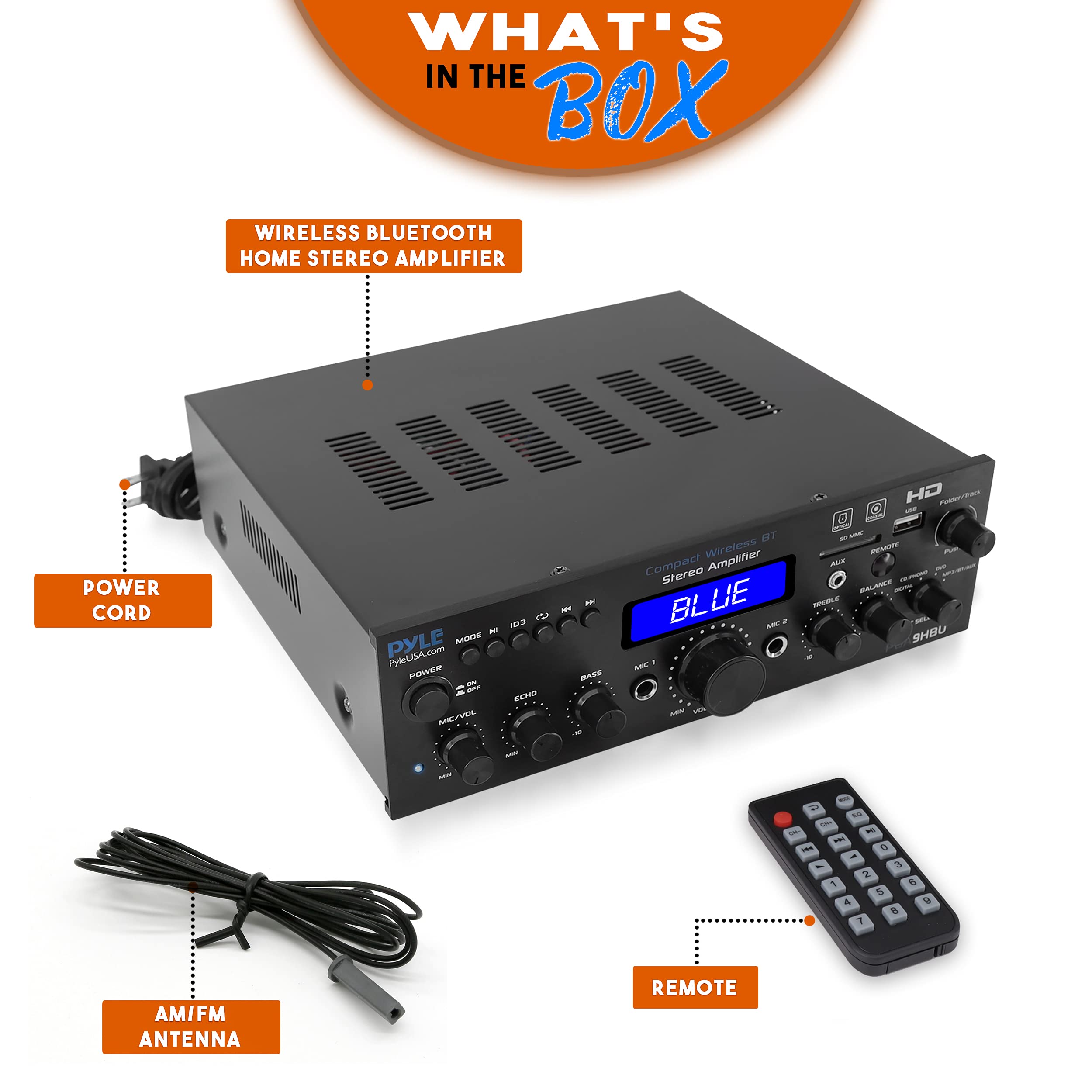 Pyle Wireless Bluetooth Home Stereo Amplifier - 200W Multi-Channel Power Amplifier Audio Receiver with HDMI, Optical/Phono/Coaxial, FM Radio, USB/SD, AUX, RCA & Mic Inputs - Remote Control - PDA9HBU - Perfect for Home Theater, Karaoke & Music Streaming Systems