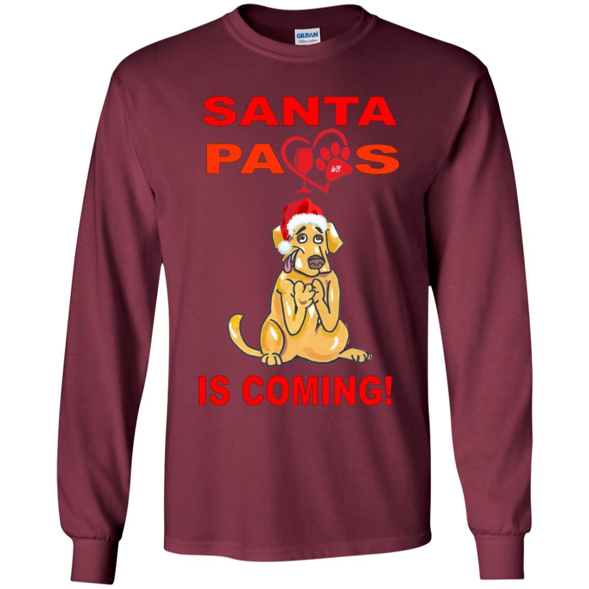 Santa Paws Is Coming Youth Long Sleeve T-Shirt | Cute Christmas Dog Lover Tee | Holiday Family Matching Outfits & Pet Photo Shoots