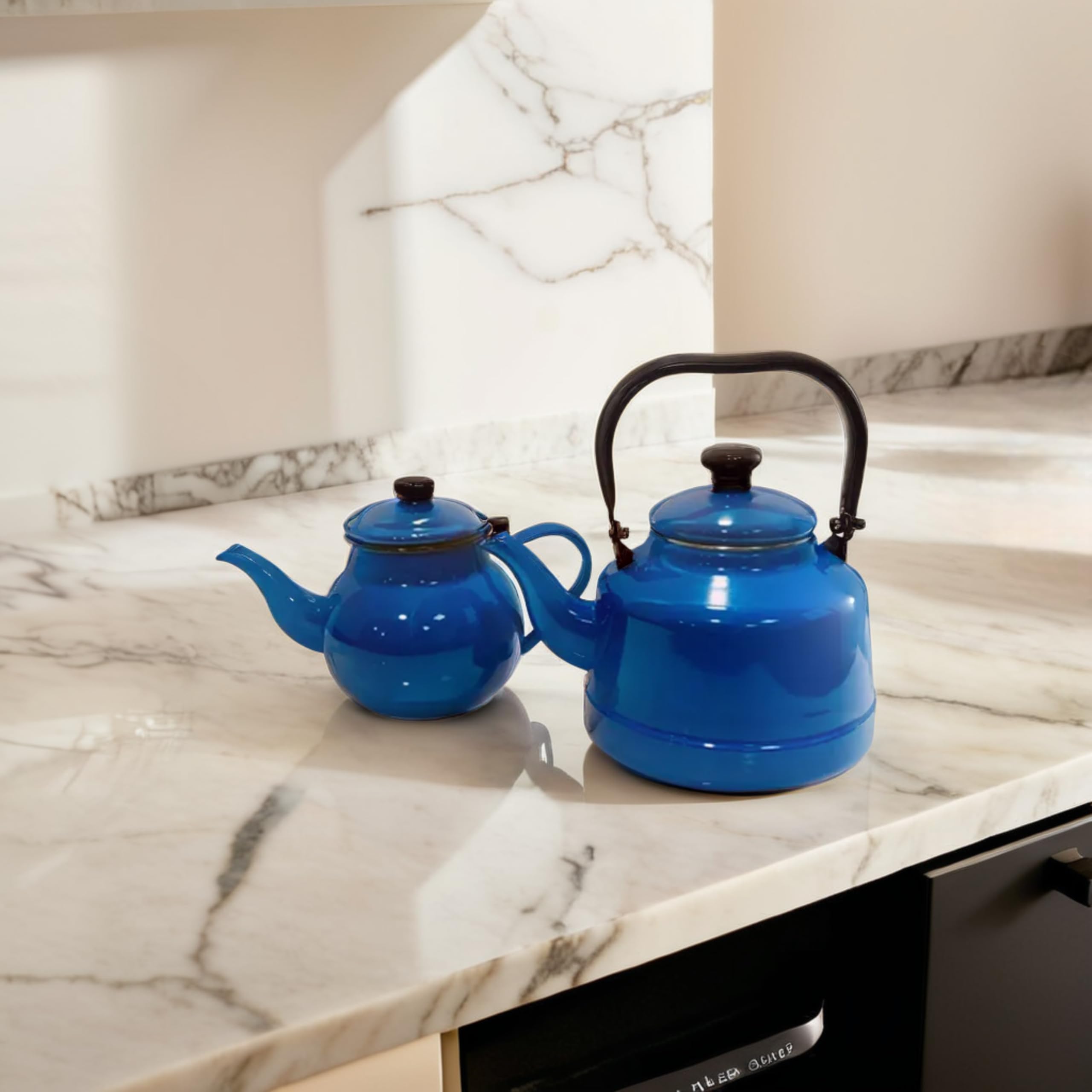 Vintage Retro Enamel Turkish Double Tea Pot Set - Copper & Ceramic Blue Kettle for Tea Lovers | Perfect for Kitchens, Dining Rooms, Family Gatherings, Tea Parties & Gift Giving