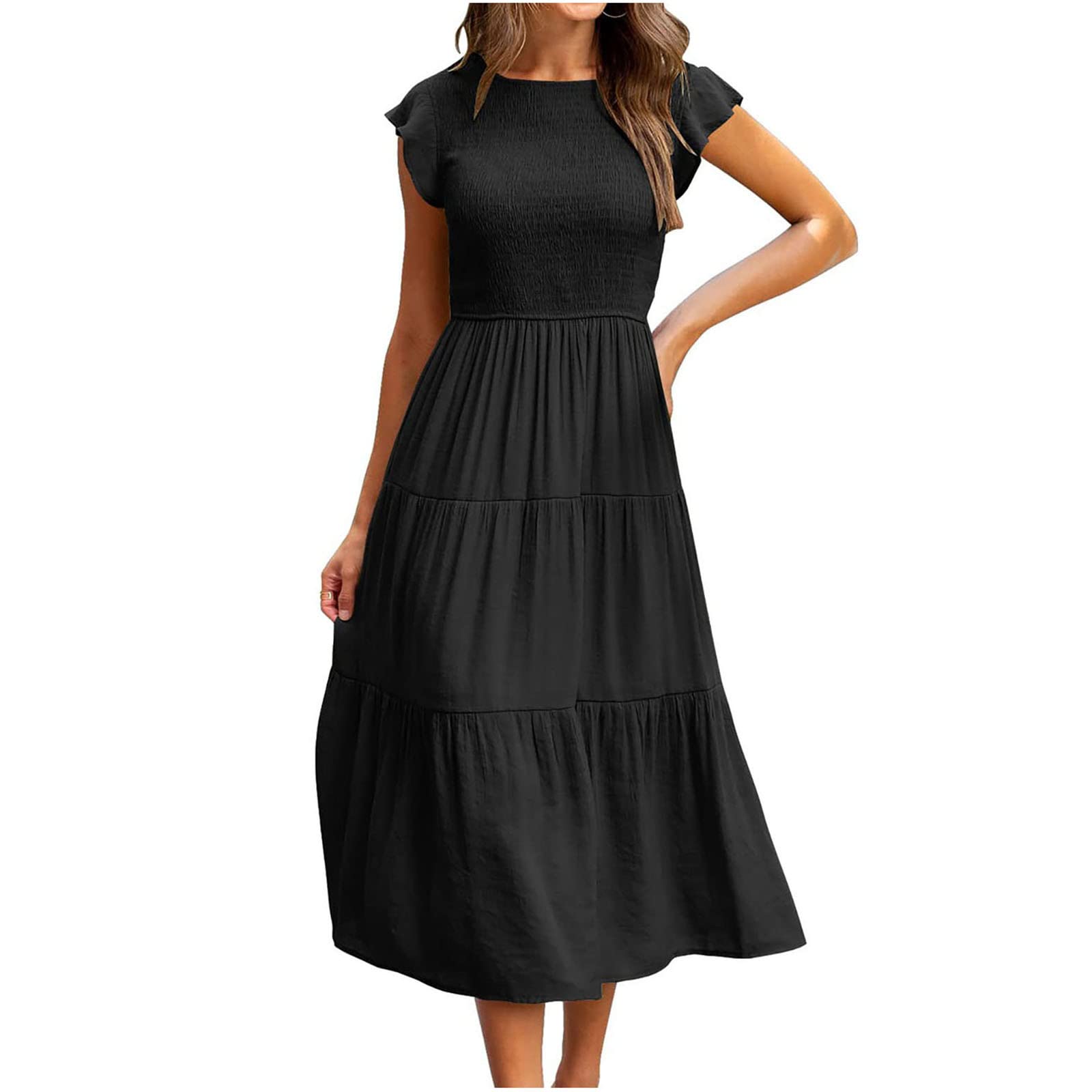 Women's Sleeveless Bohemian Maxi Dress - Solid Color Spaghetti Strap Ruffle Smocked Tiered Long Beach Sun Dress for Summer Vacation, Beach Party & Casual Outings