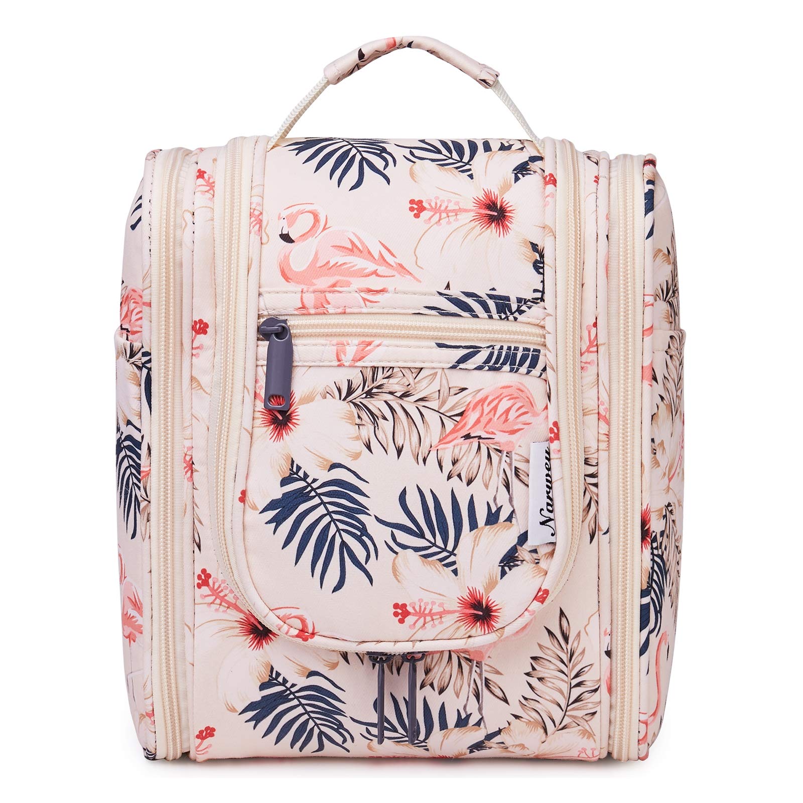 Narwey Hanging Travel Toiletry Bag for Women - Waterproof Makeup Organizer with Multiple Pockets, Perfect for Cosmetics & Toiletries (Medium, Beige Bird) - Ideal for Air Travel, Camping & Gym Essentials