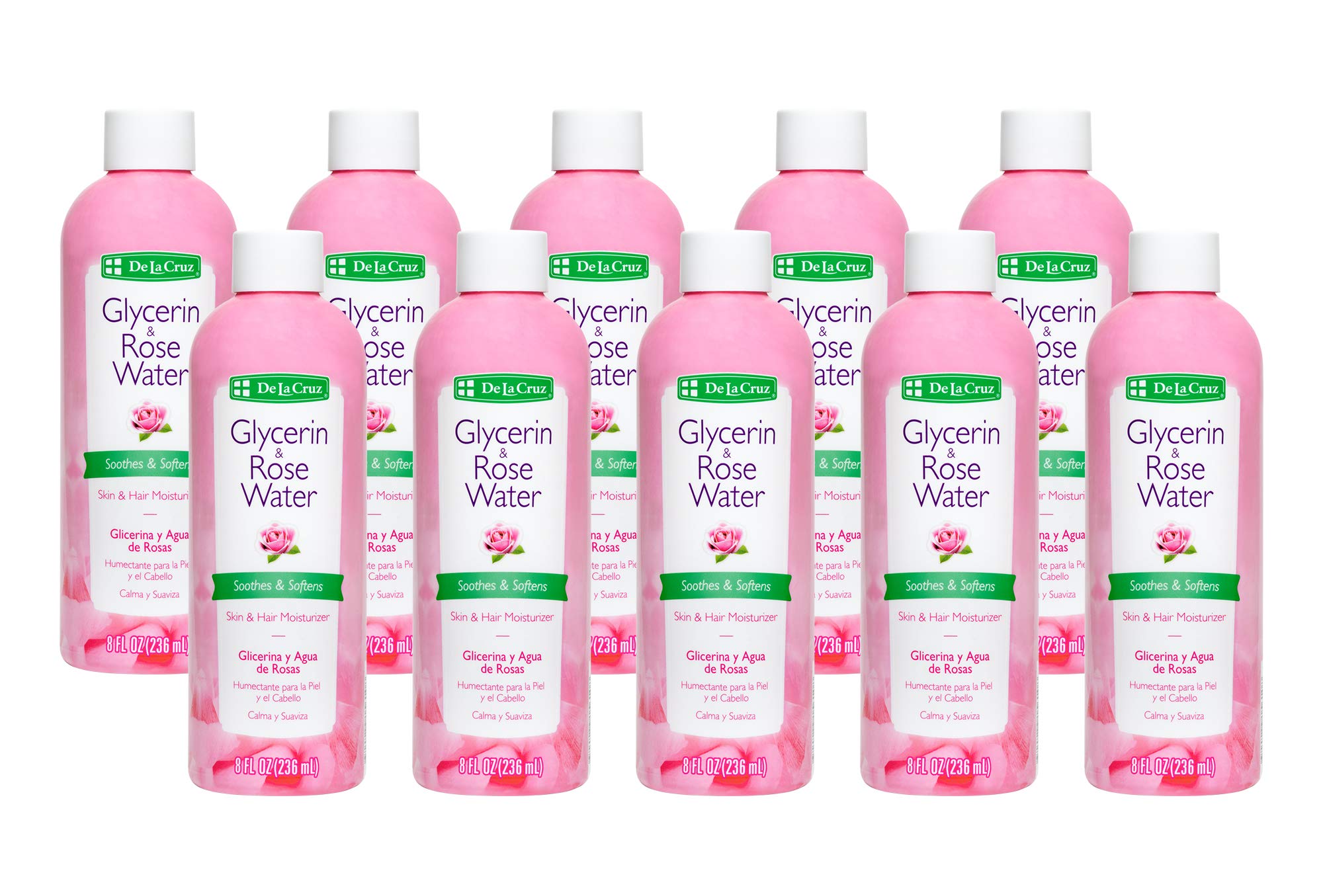 De La Cruz Rose Water & Glycerin Facial Toner - Hydrating Rosewater Spray for Face, Skin & Hair Care - 8 fl oz (236 mL) Pack of 10 - Perfect for Daily Skincare Routine, Makeup Setting & Hair Refreshment