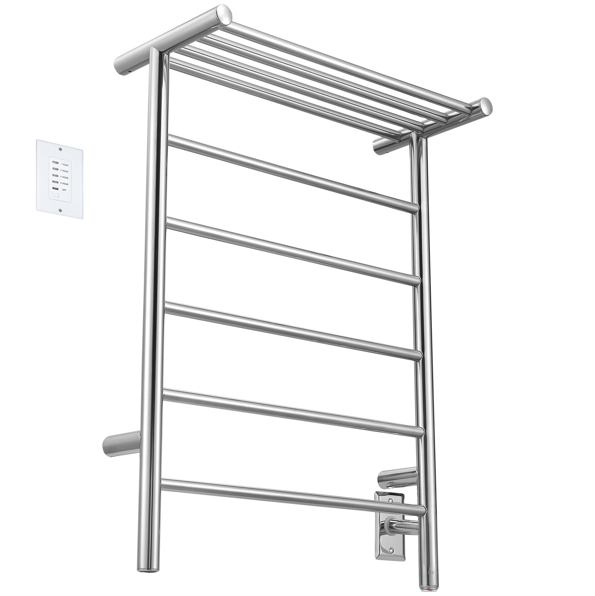 Ancona Miazzo 5 Bar Plug-In & Hardwire Bathroom Towel Warmer with Shelf & Timer - Polished Stainless Steel - Perfect for Spa, Luxury Home & Hotel Bathrooms