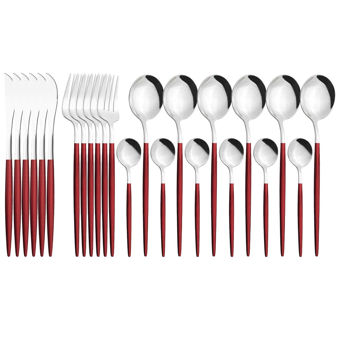 24-Piece Stainless Steel Gold Flatware Set - Dinner Knives, Forks & Coffee Spoons - Elegant Red & Silver Cutlery for Dining, Kitchen & Table Setting
