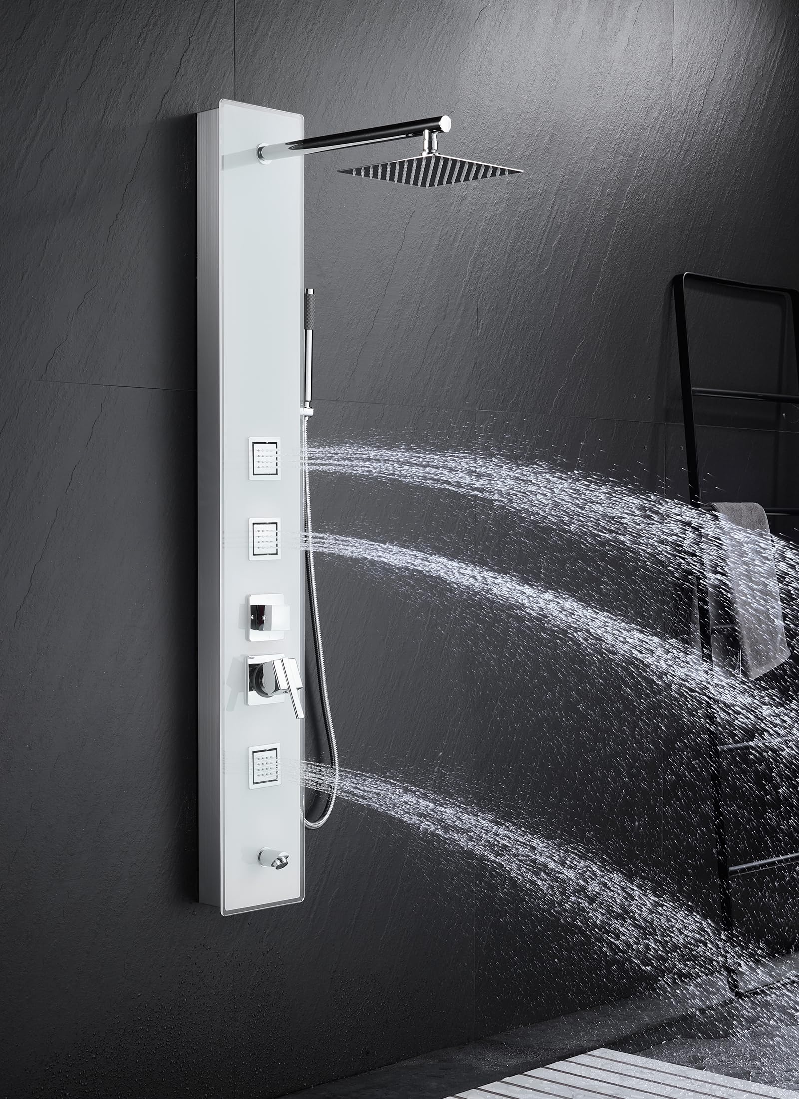 Premium White Tempered Glass Shower Panel Tower System - 304 Stainless Steel Wall Mounted Shower Column with 8