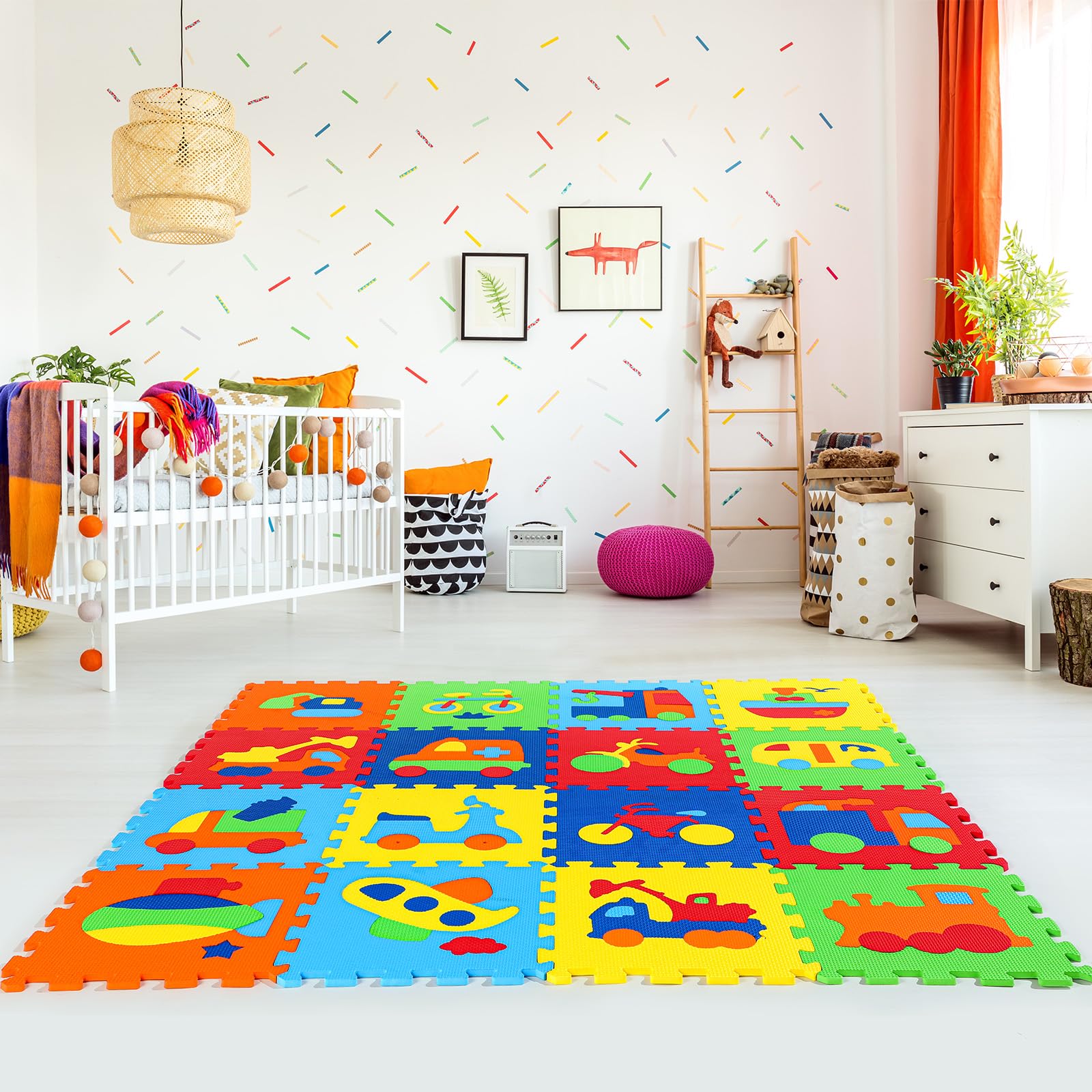 Mifoci 16-Piece Foam Puzzle Mat for Kids - Non-Slip Play Tiles with Vehicles for Home & School