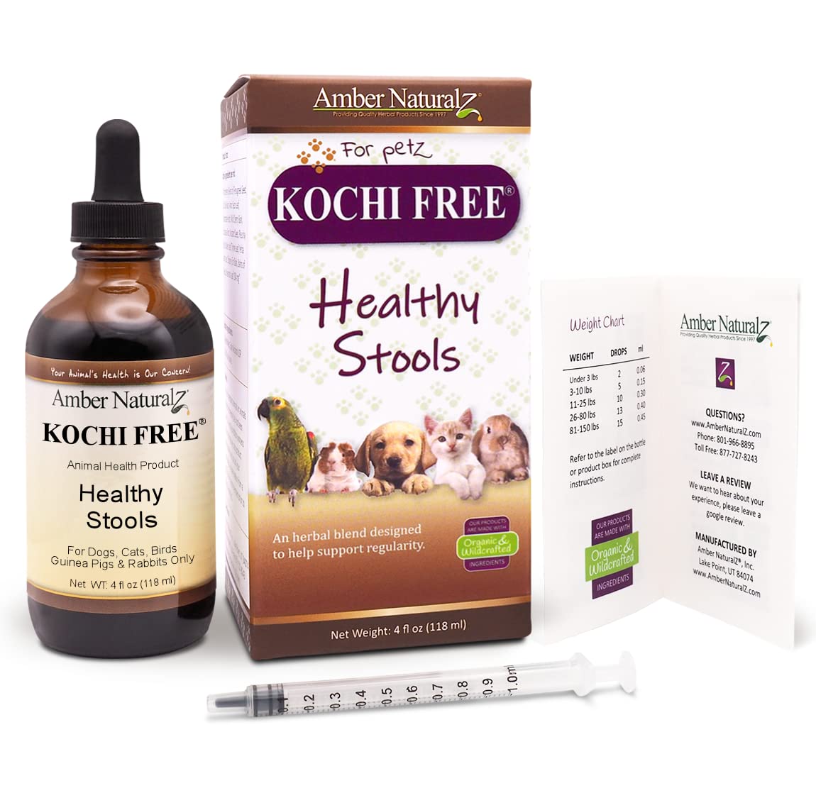 AMBER NATURALZ Kochi Free Herbal Pet Supplement for Dogs, Cats, Birds, Guinea Pigs & Rabbits | Natural Digestive Support for Healthy Stool | 4oz Glass Bottle | Made in USA | Supports Digestive Health for Small Pets at Home or Travel