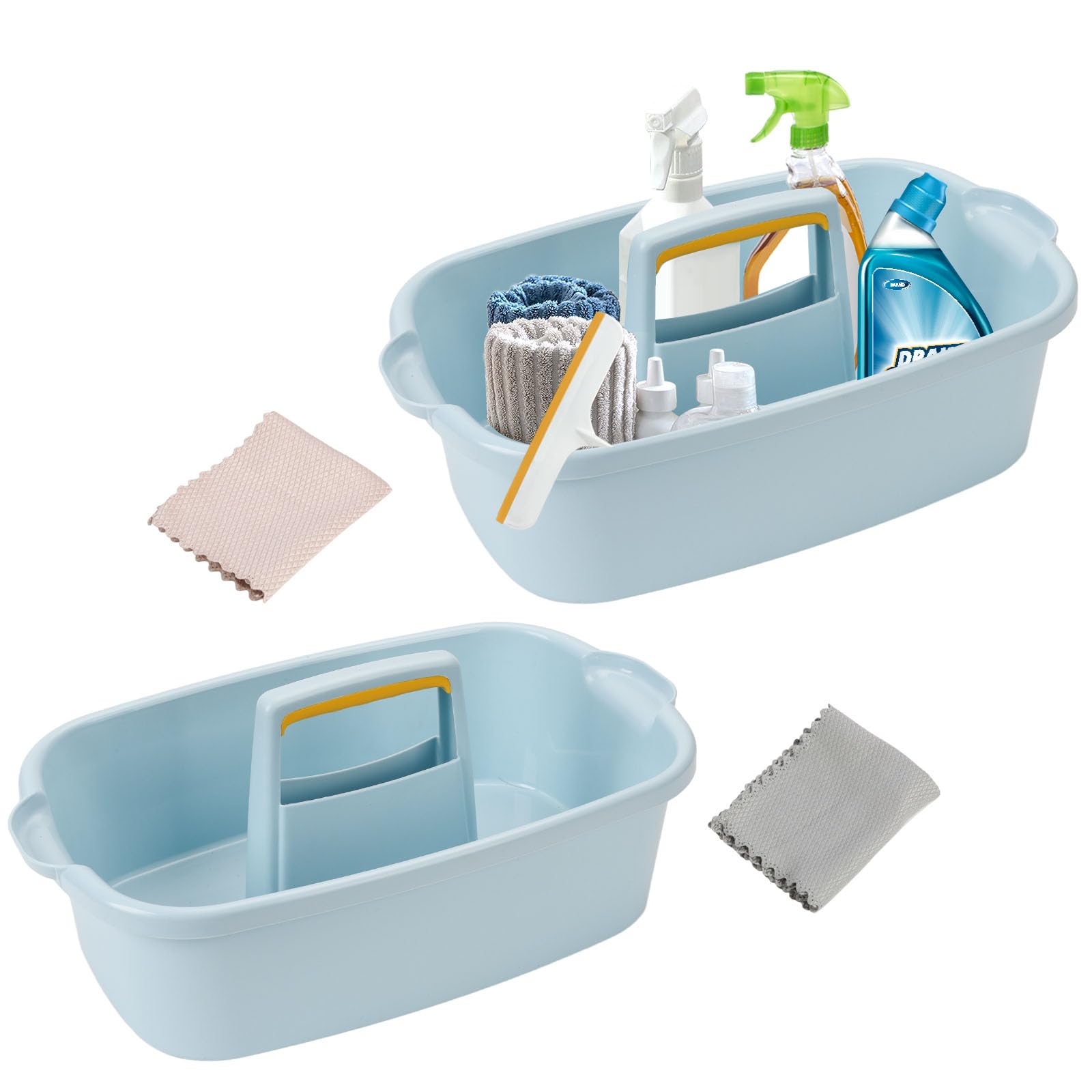 Plastic Cleaning Caddy Organizer with Handle - 2 Pack Storage Basket for Bathroom, Kitchen & Under Sink - Includes 2 Microfiber Cleaning Cloths (Blue) - Perfect for Home Cleaning Supplies Organization & Clutter-Free Storage