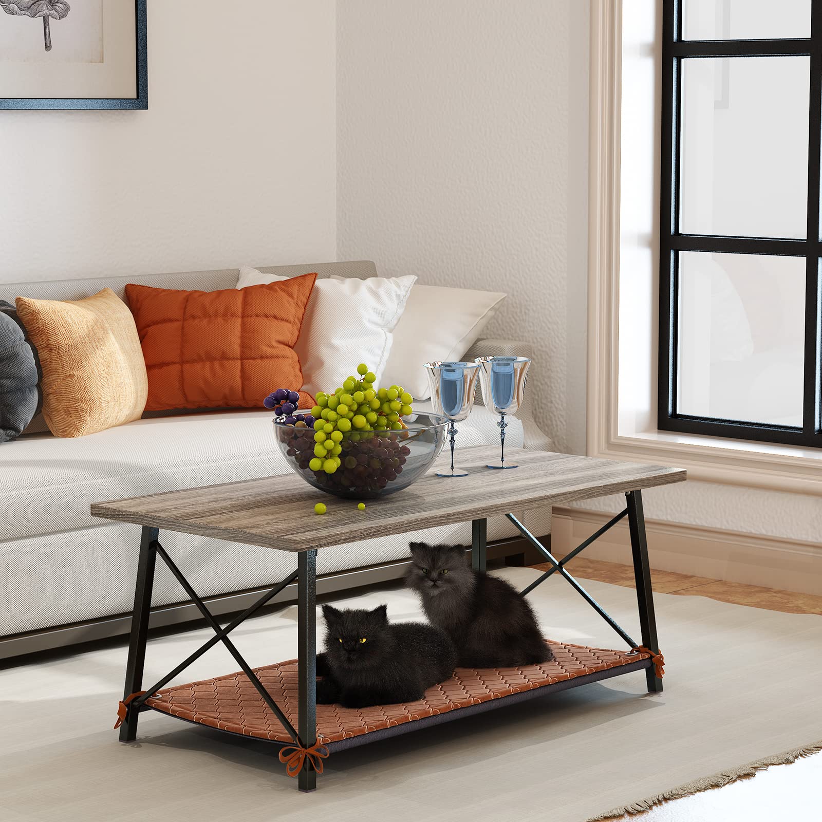 Laufee Multi-Function Wooden Coffee Table with Pet Kennel - Modern Minimalist Rectangle Tea Table for Living Room, Easy Assembly Metal Frame - Perfect for Cat & Dog Owners - Home Decor & Pet Furniture
