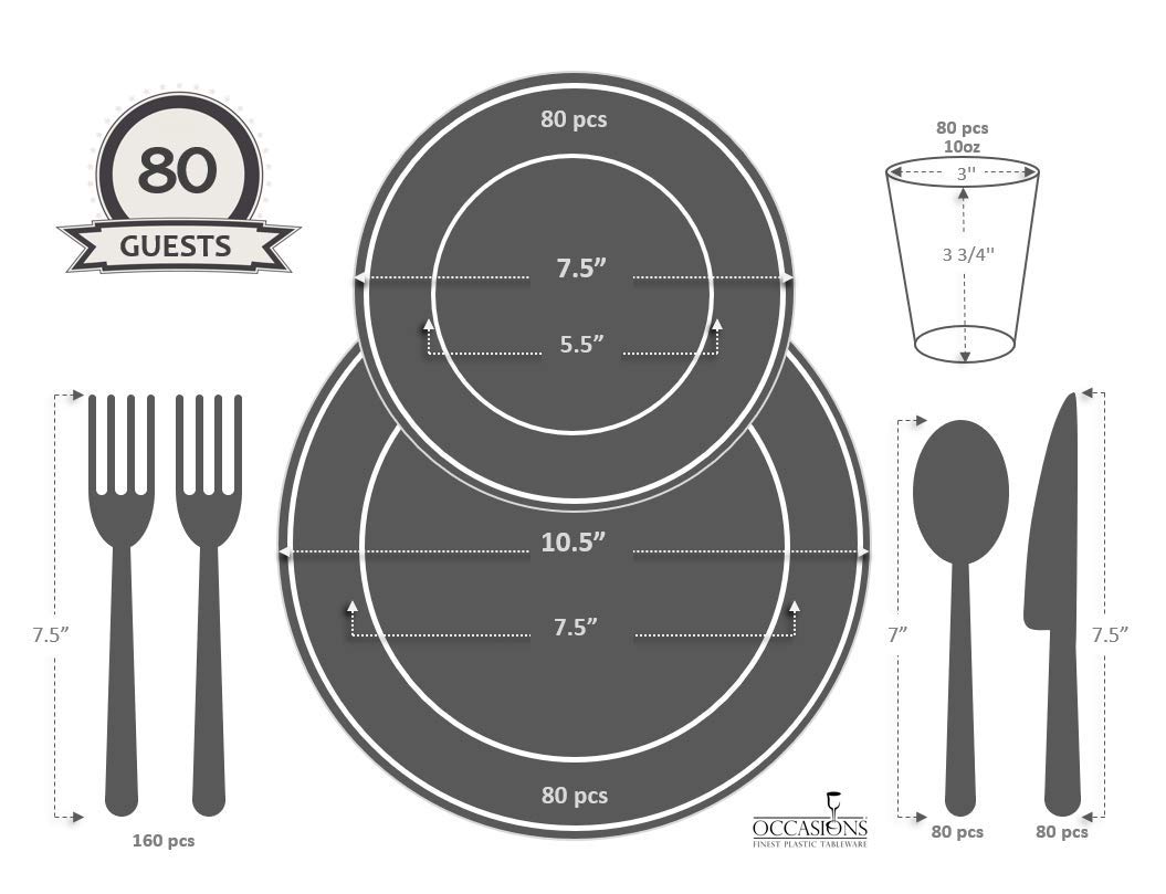 640-Piece Heavyweight Disposable Plastic Plate Set for Weddings & Parties - 80 x 10.5'' Dinner Plates, 80 x 7.5'' Dessert Plates, Silverware, Cups & Napkins (White & Gold Sundance) - Perfect for Large Gatherings, Bridal Showers & Catered Events