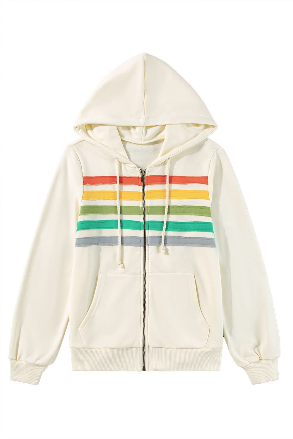 Apricot Colorblock Striped Patchwork Hoodie with Side Pockets & Zipper - Cozy Streetwear for Women | Perfect for Casual Outings, Travel & Layering