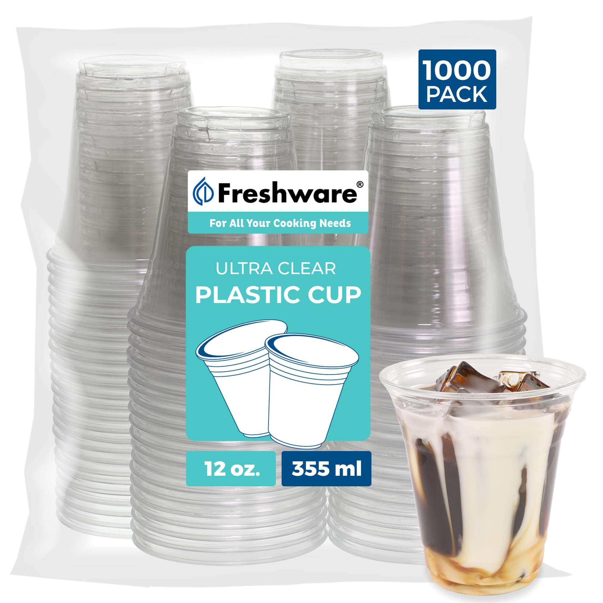 Freshware 12 oz Plastic Cups [1000-PCS] - Crystal Clear Disposable PET Cups for Cold Drinks, Soda, Juice & Party Beverages - Ideal for Weddings, BBQs, Picnics & Office Events