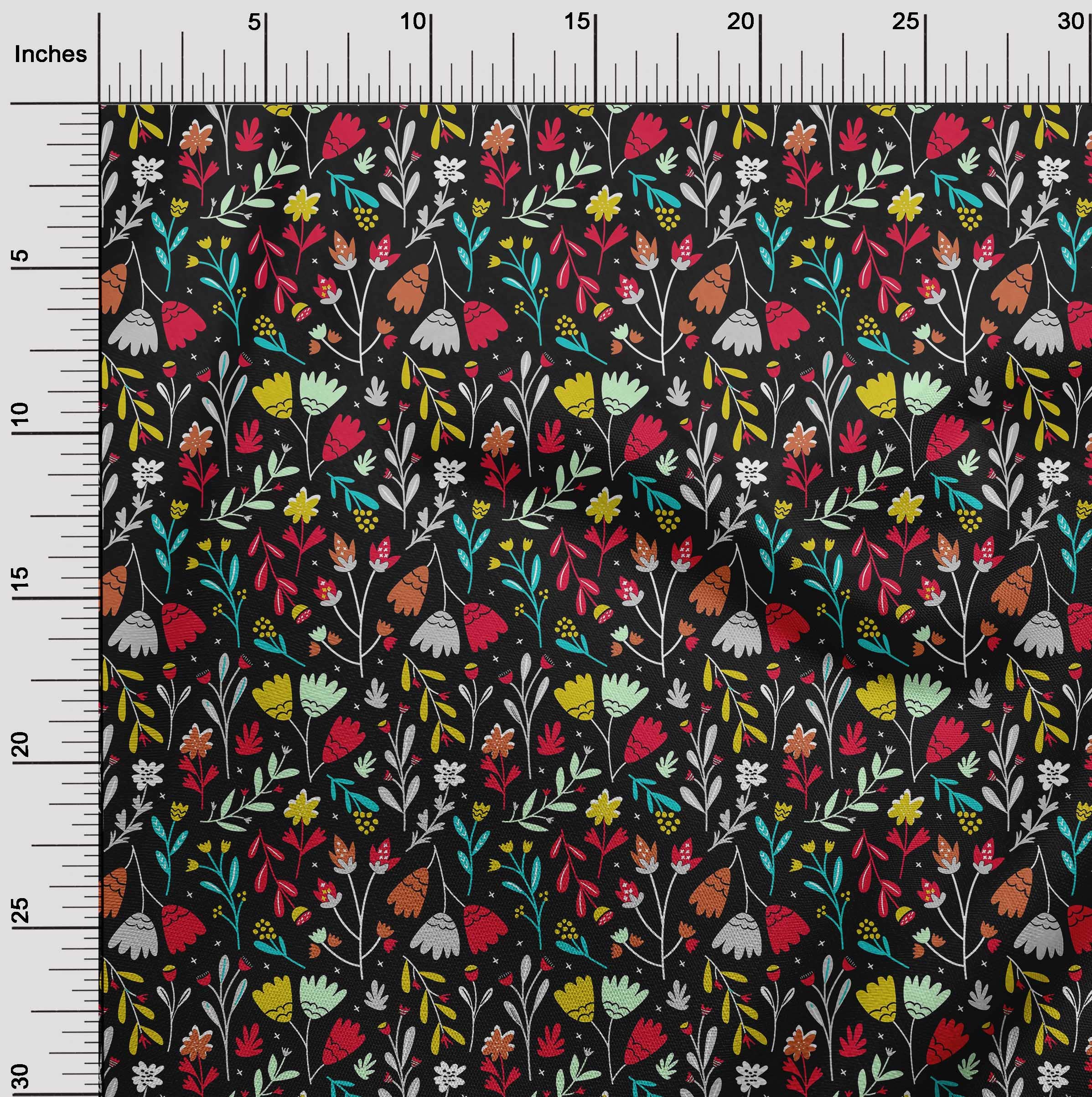 oneOone Cotton Flex Black Fabric - Leaves & Floral Artistic Print Dress Material (40 Inch Wide) by The Yard | Perfect for DIY Dresses, Skirts, and Home Decor Projects