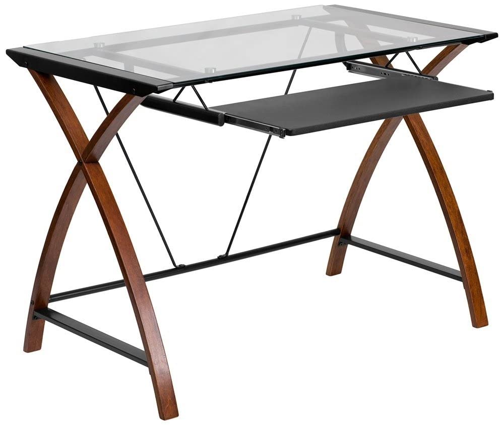 Flash Furniture Modern Glass Computer Desk with Pull-Out Keyboard Tray & Sturdy Crisscross Frame - Perfect for Home Office, Gaming Setup & Small Workspaces
